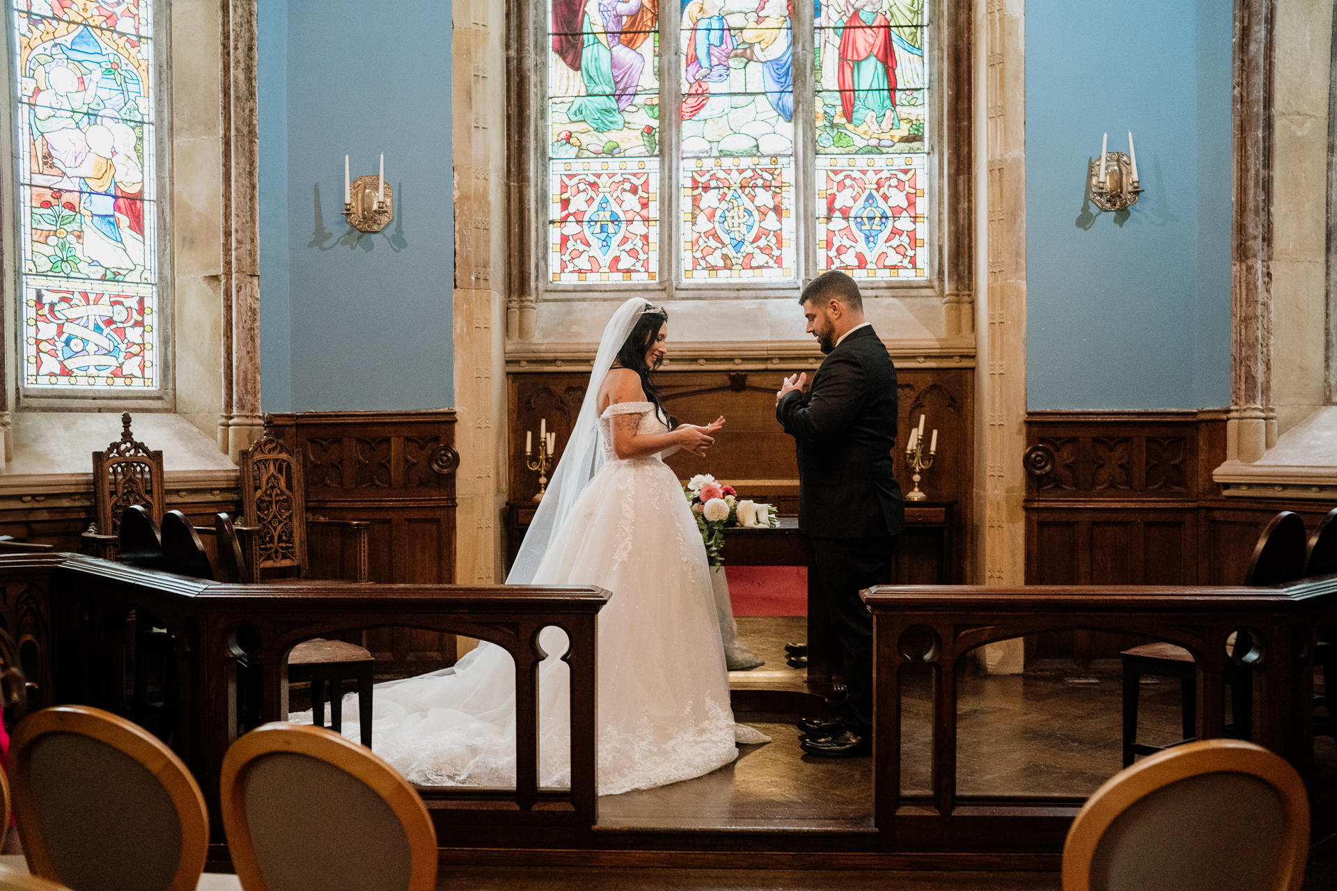 A bride and groom in a church