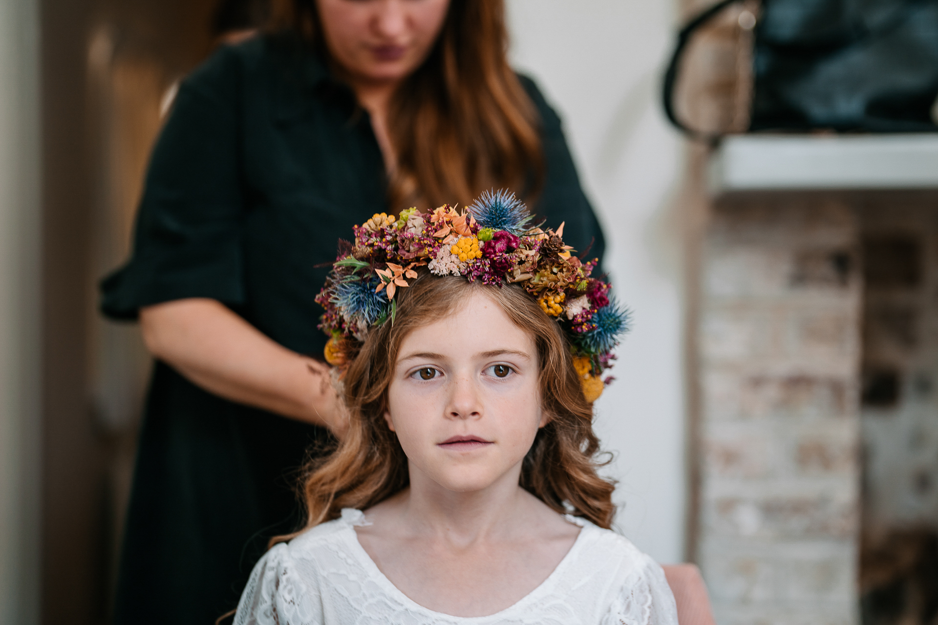 A girl with flowers on her head