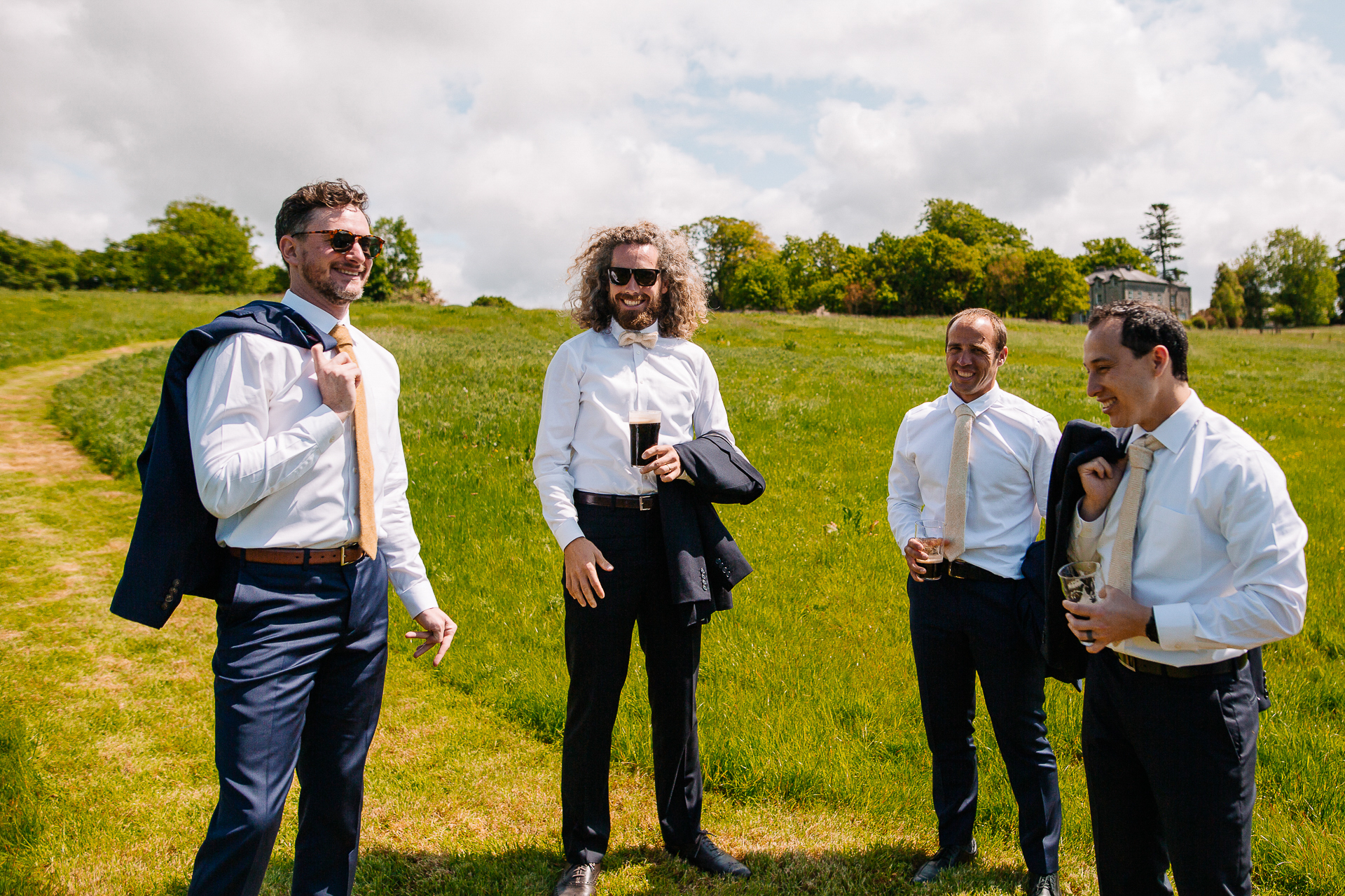 A group of people walking in a field