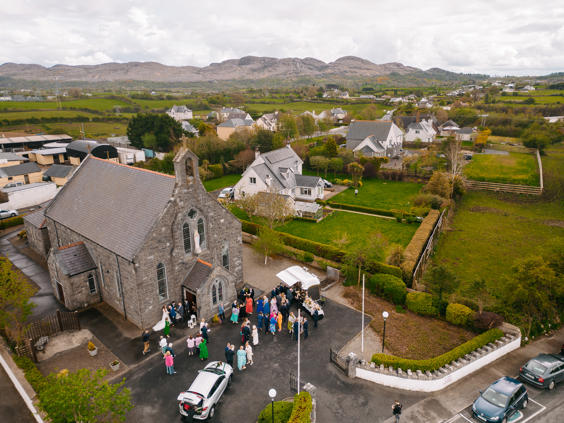 A group of people outside a church