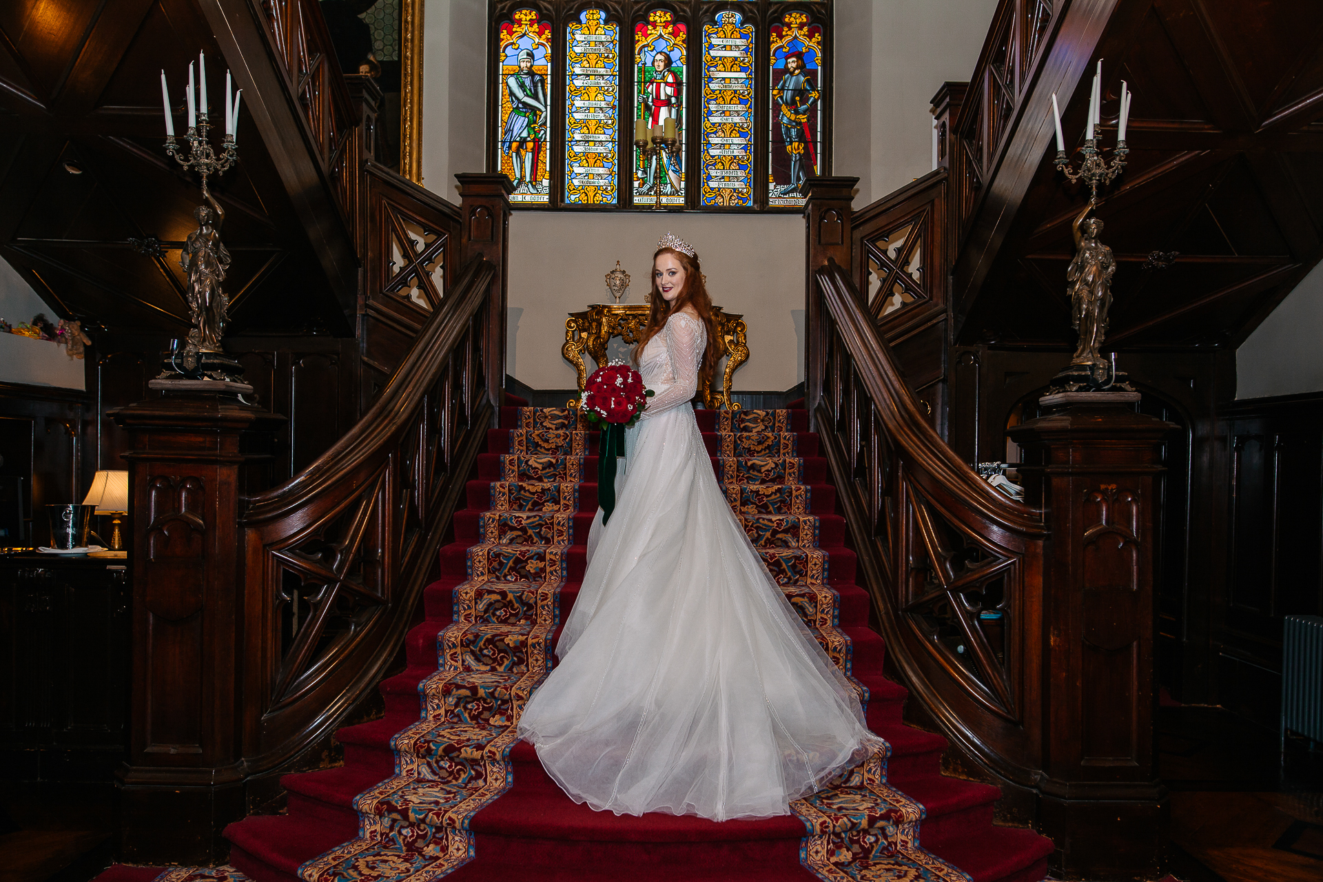 A person in a white dress in a church