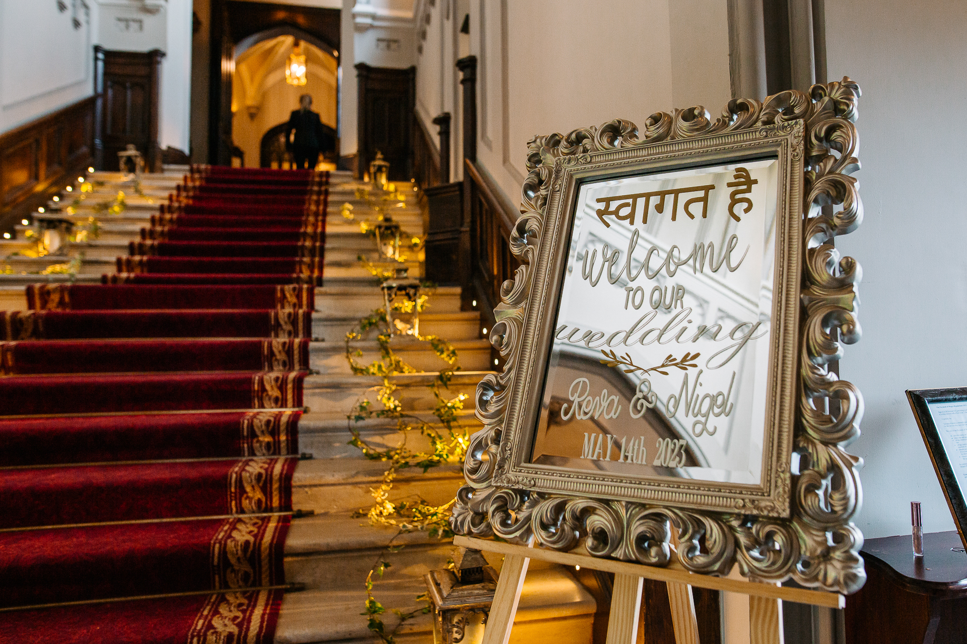 A staircase with a sign on it