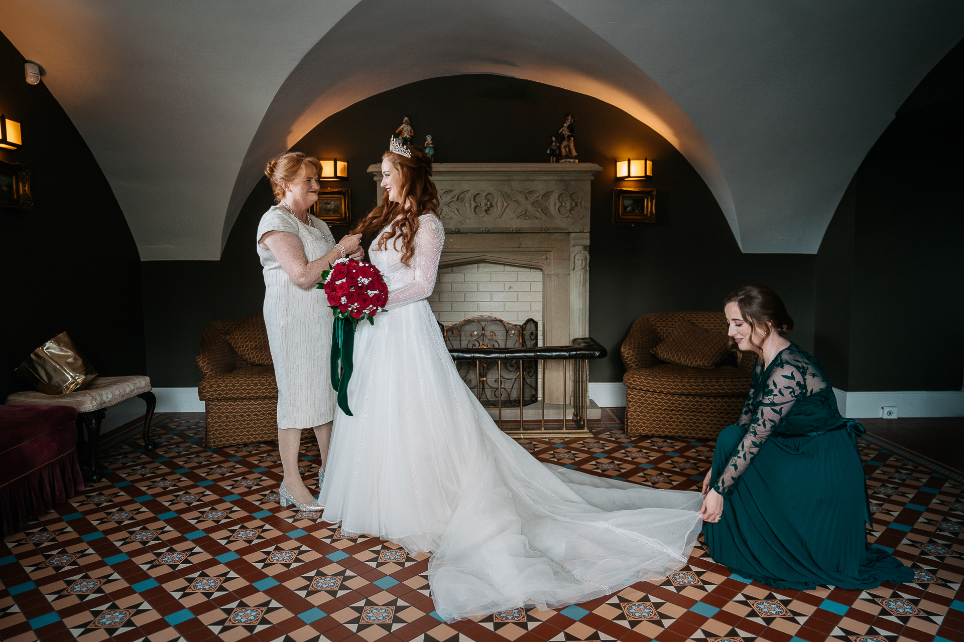 A bride and a groom kissing