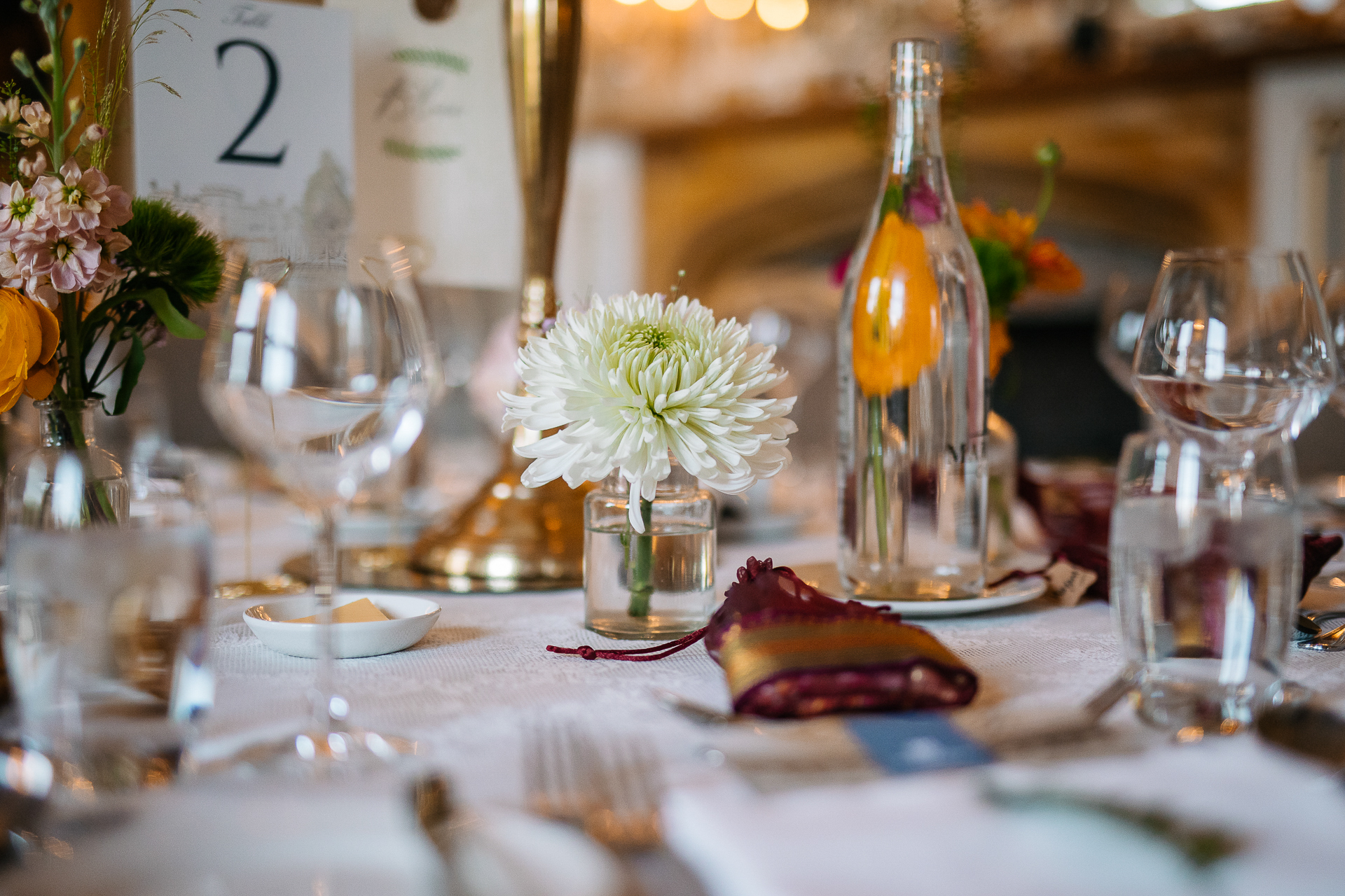 A table with glasses and plates