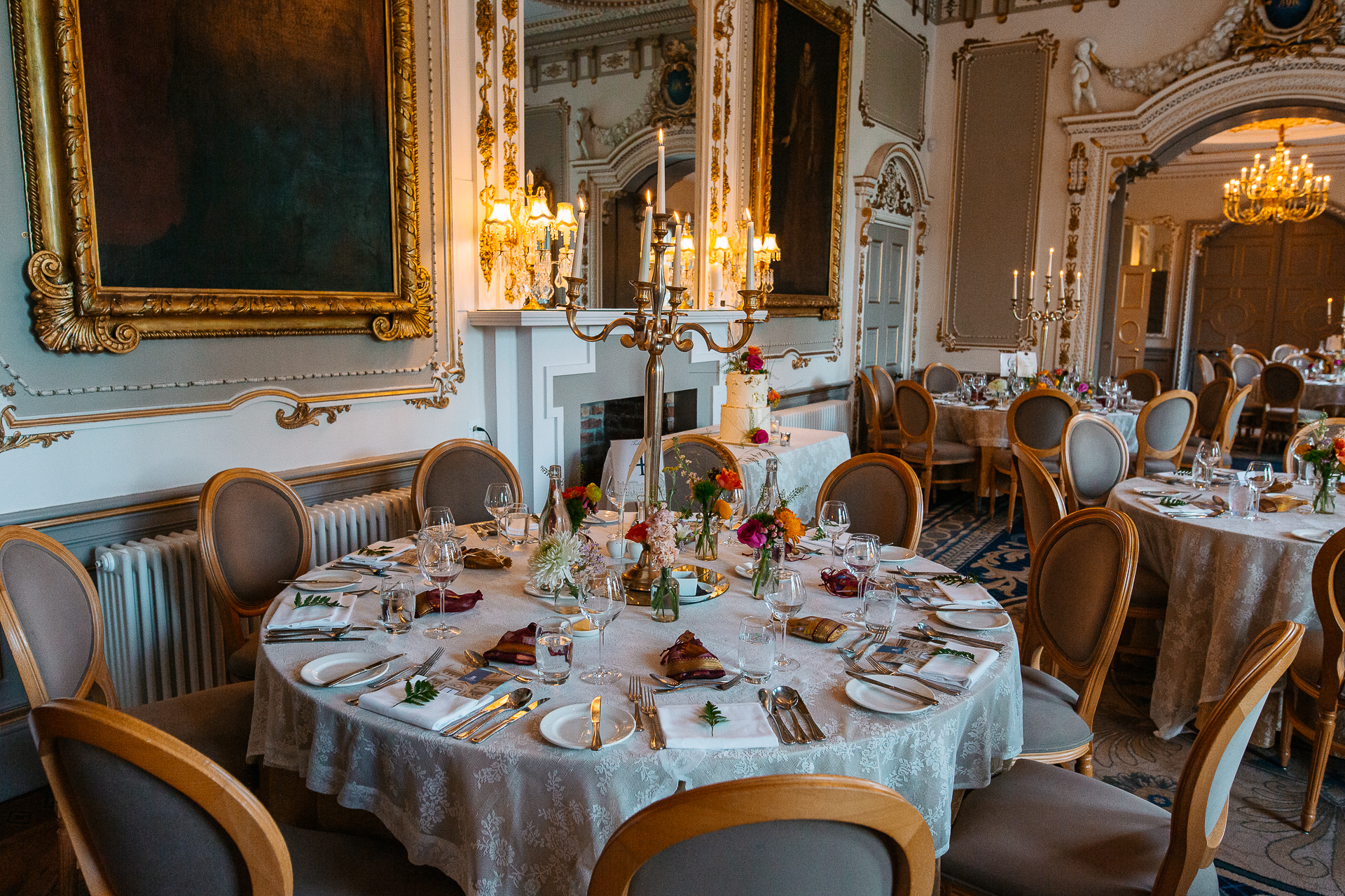 A dining room with tables set