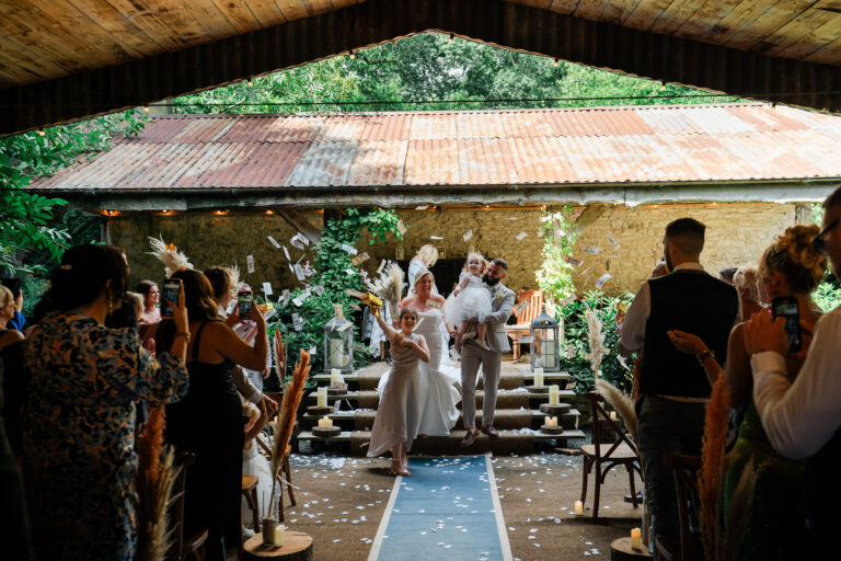 A bride and groom dancing