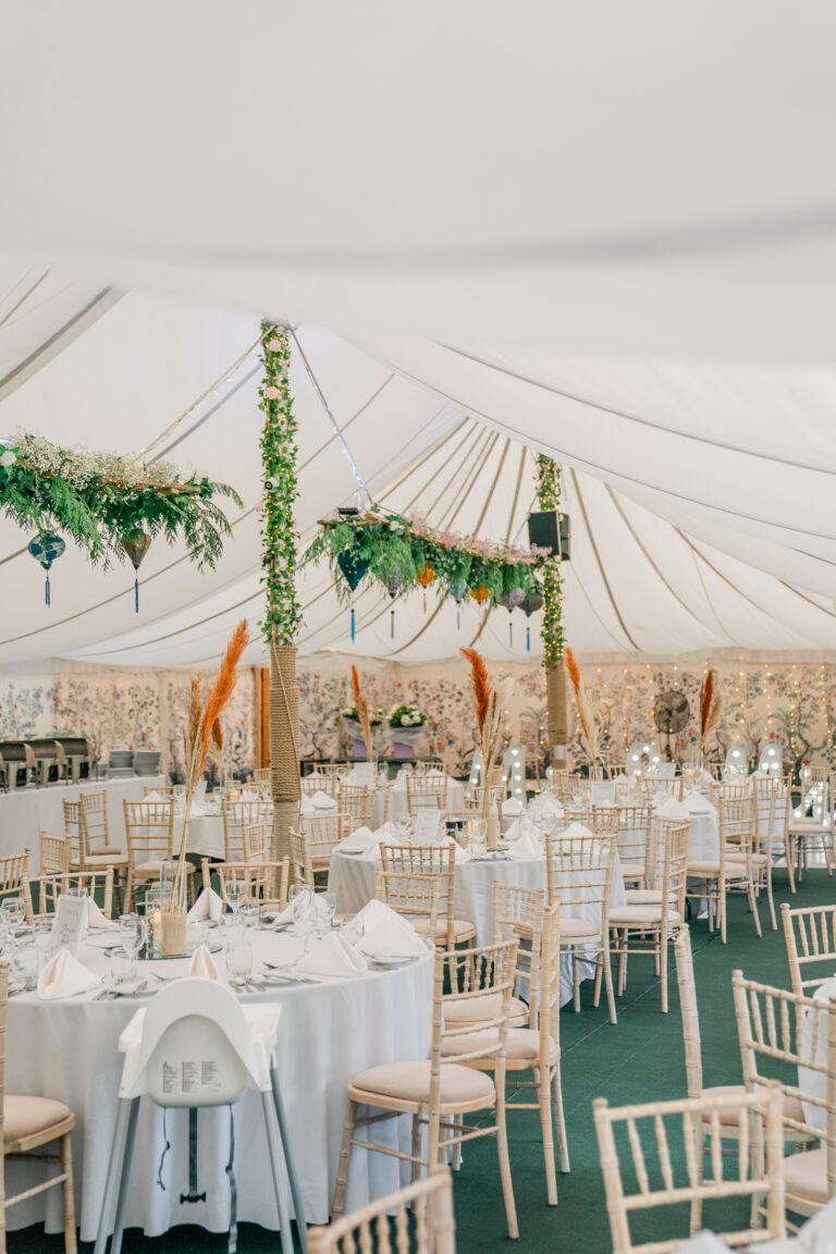 A group of tables and chairs with a white cloth over them