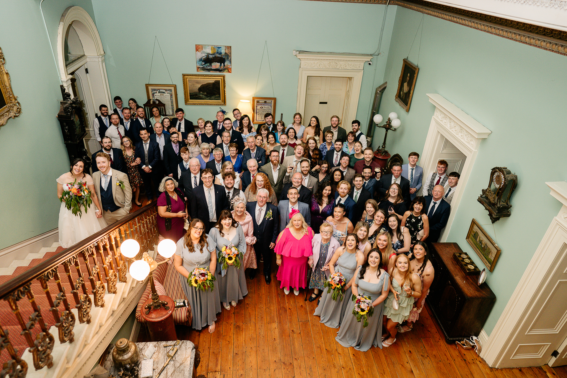 A group of people posing for a photo in a church