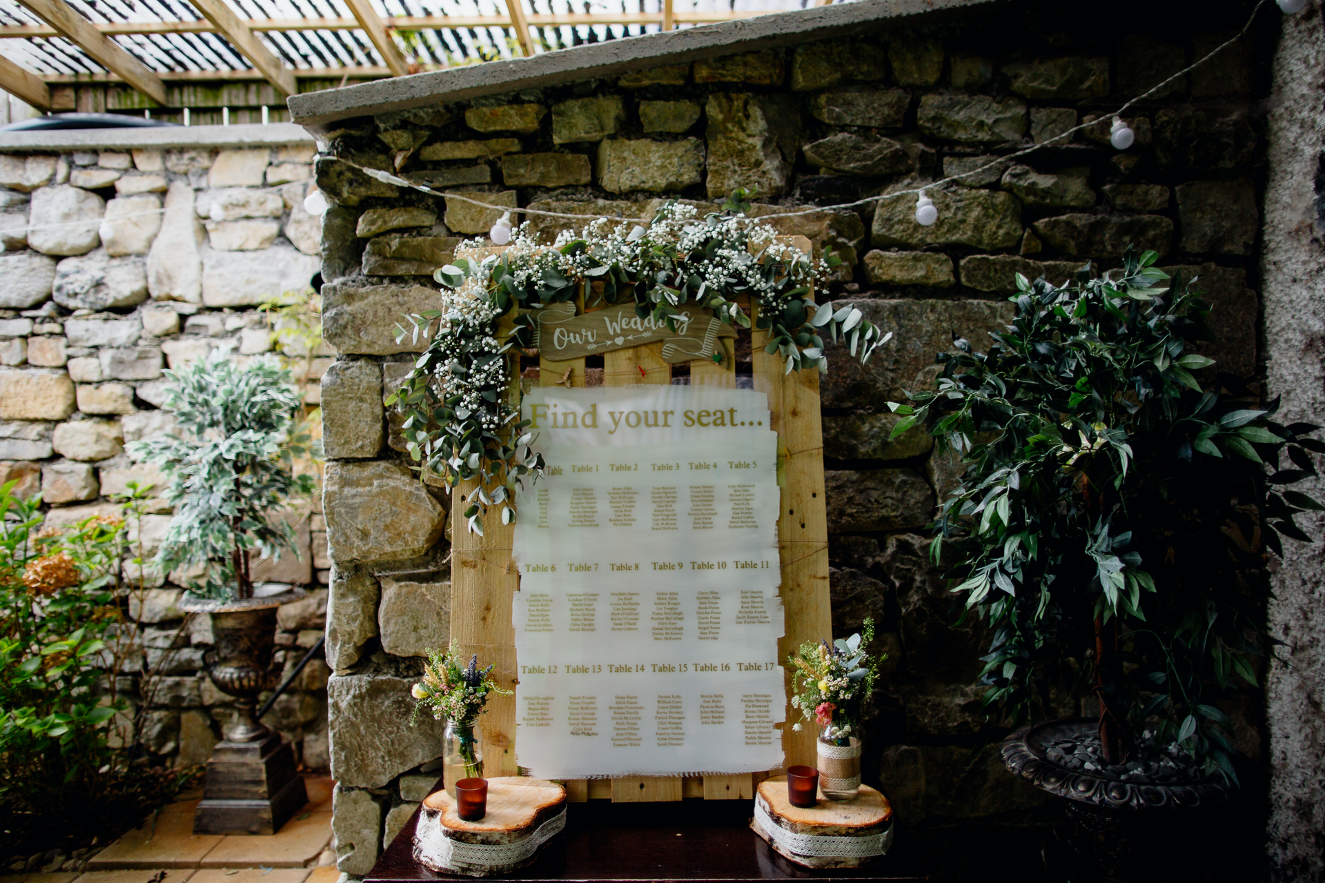 A tombstone with flowers and plants