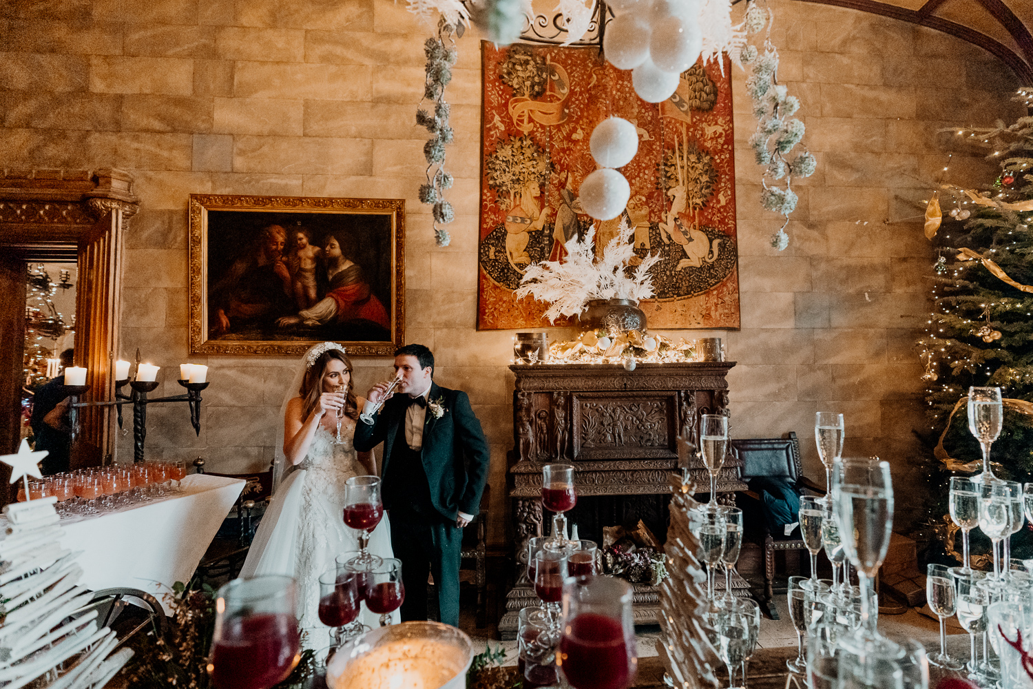 A bride and groom at a wedding reception