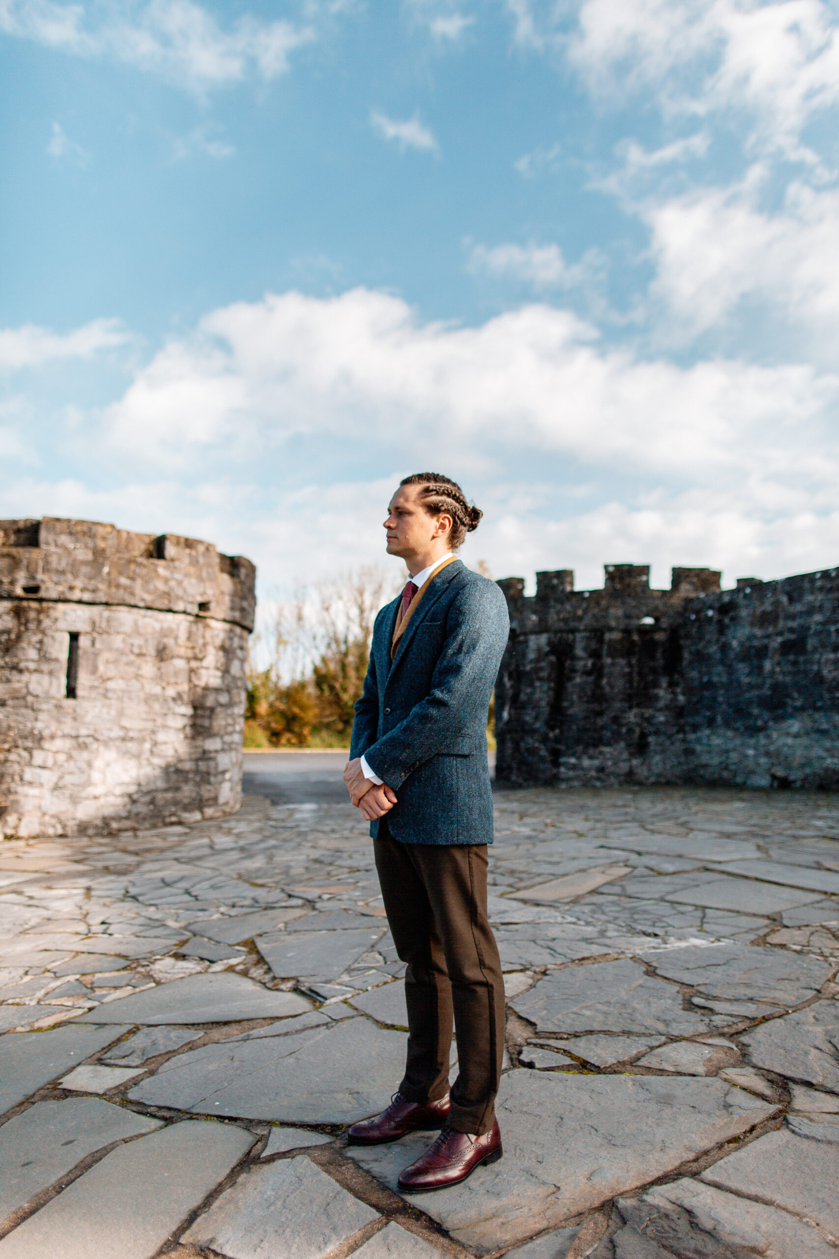 First-Look-in-Front-of-Cloughan-Castle-Wedding