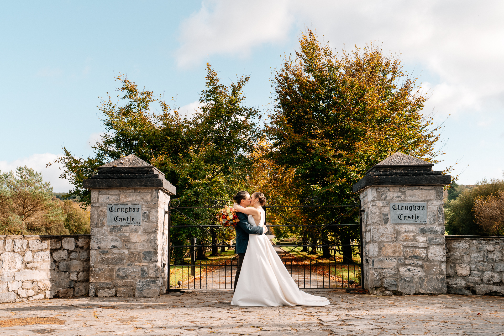 A bride and groom kissing