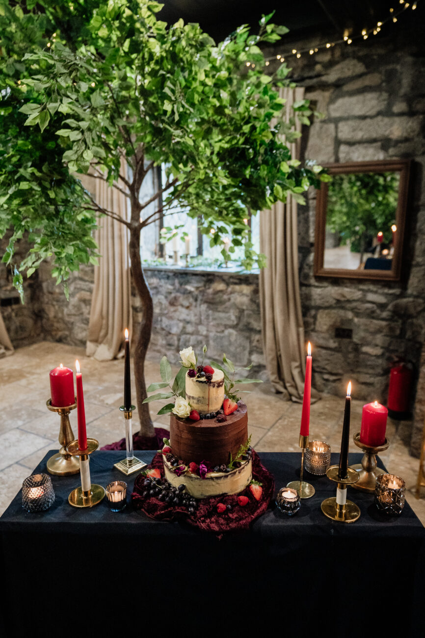 A table with candles and a cake