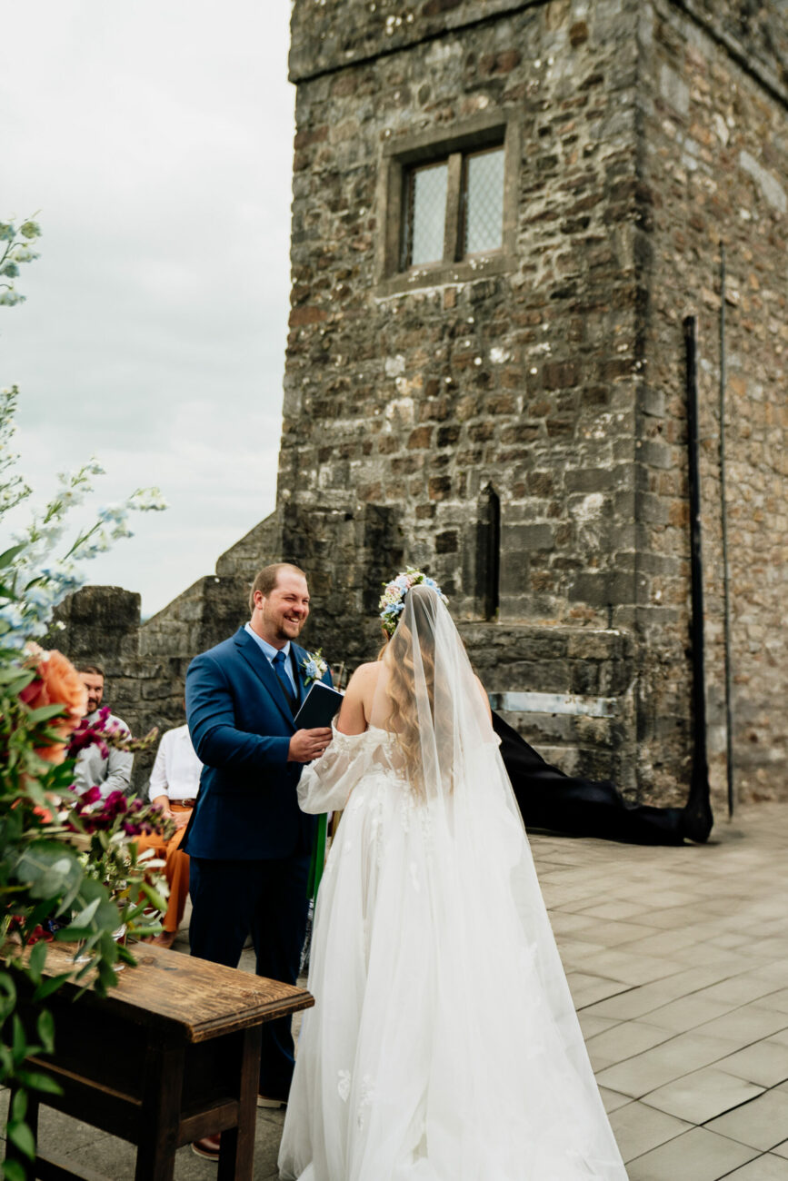 A bride and groom kissing