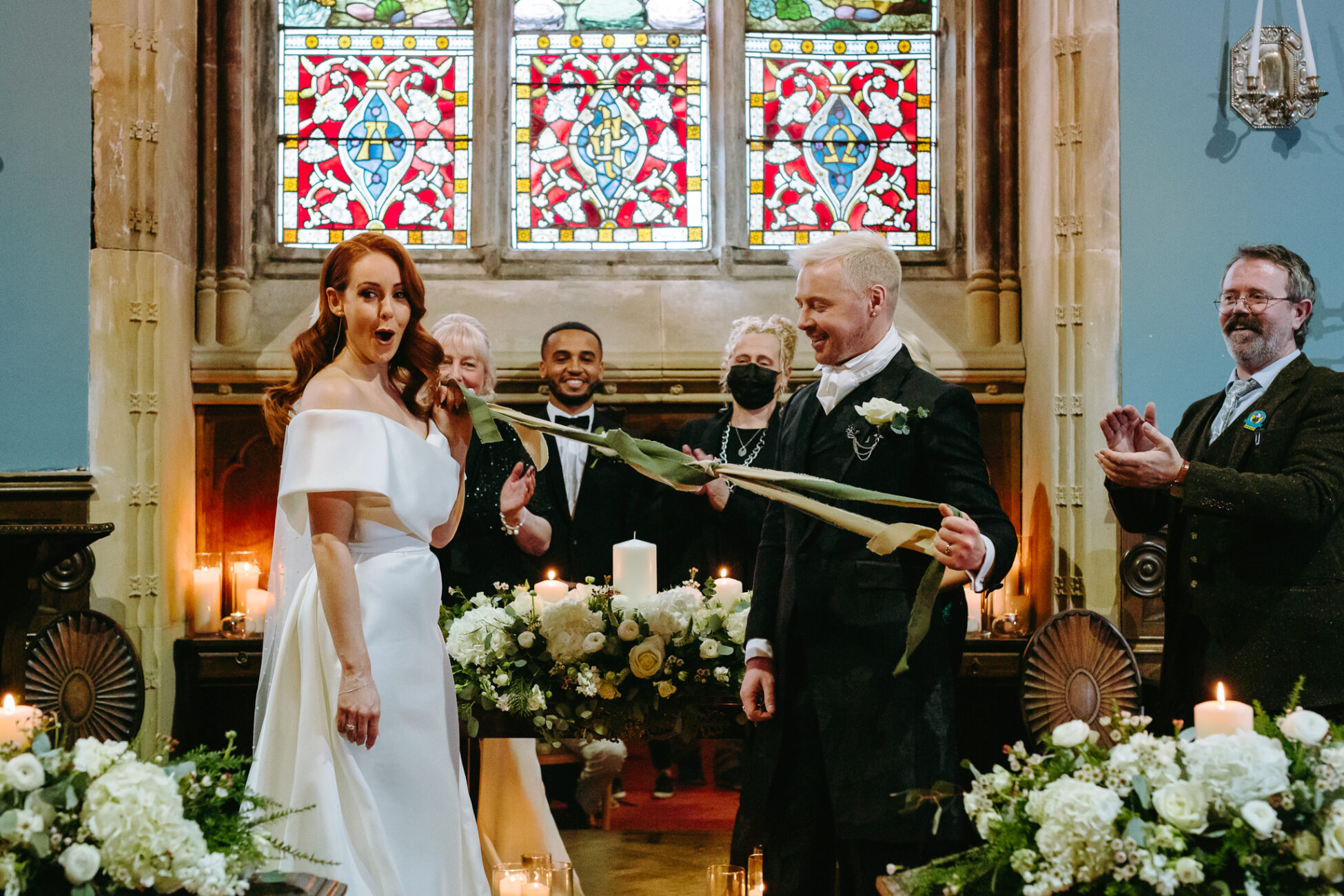 A bride and groom at a church