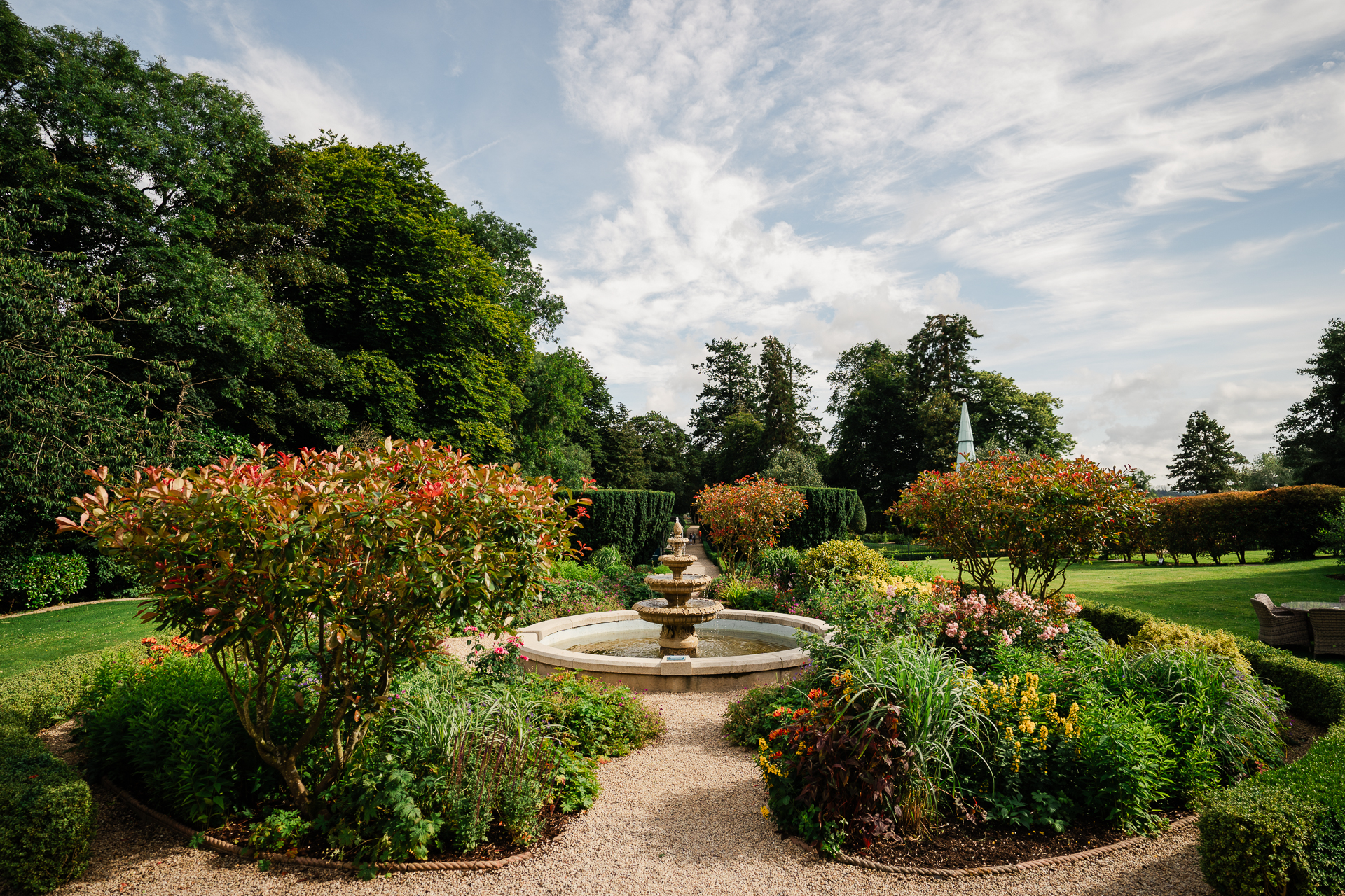 A garden with a fountain