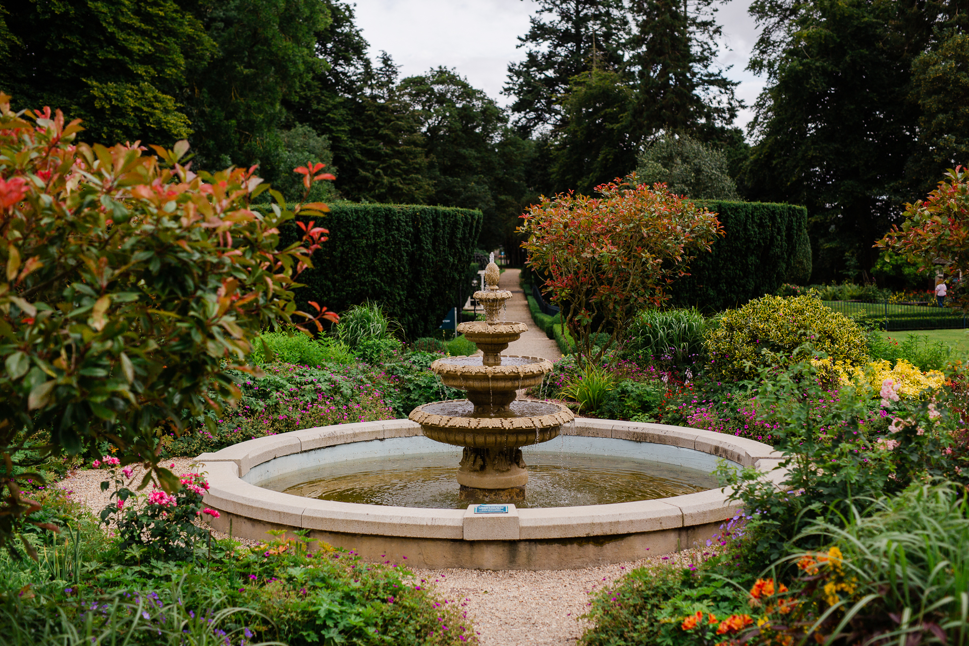 A fountain in a garden