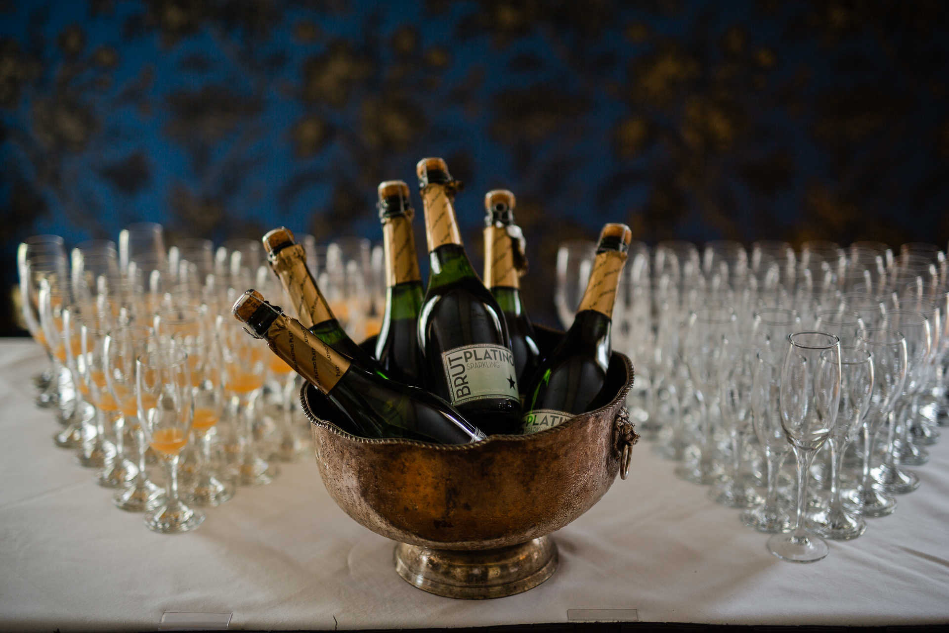 A bowl of wine bottles