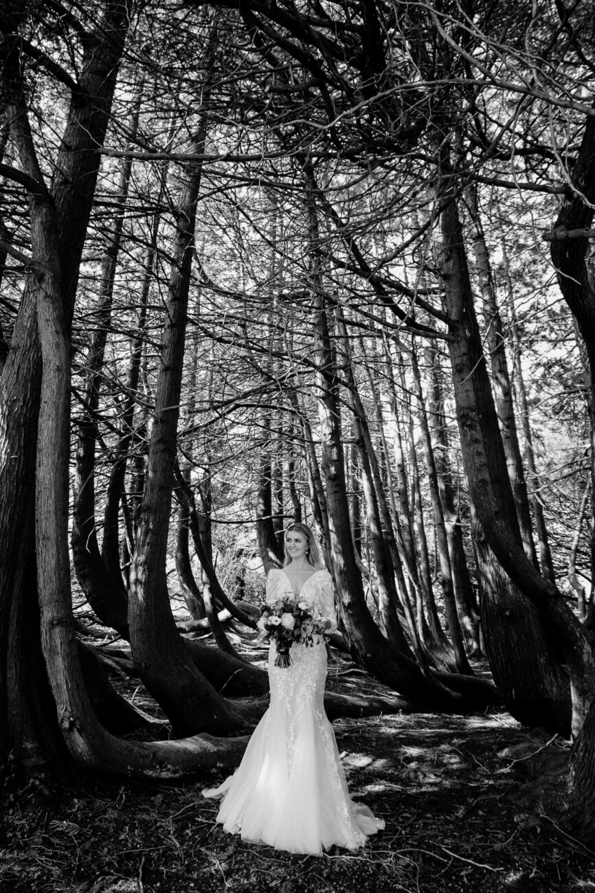 A person in a wedding dress in a forest