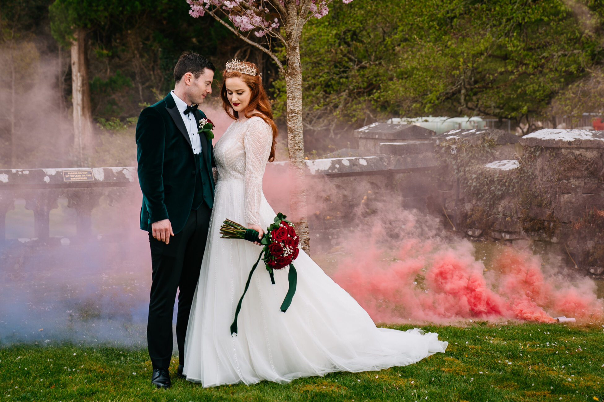 A man and woman in wedding attire