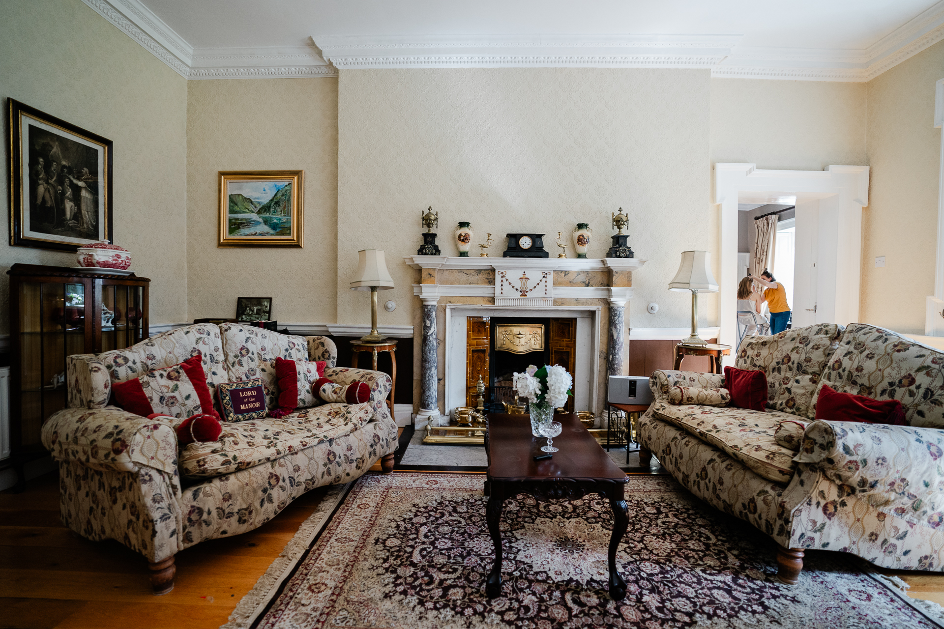 A living room with a fireplace