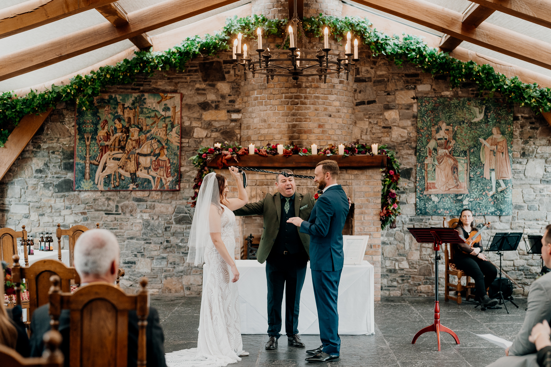 A bride and groom walking down the aisle