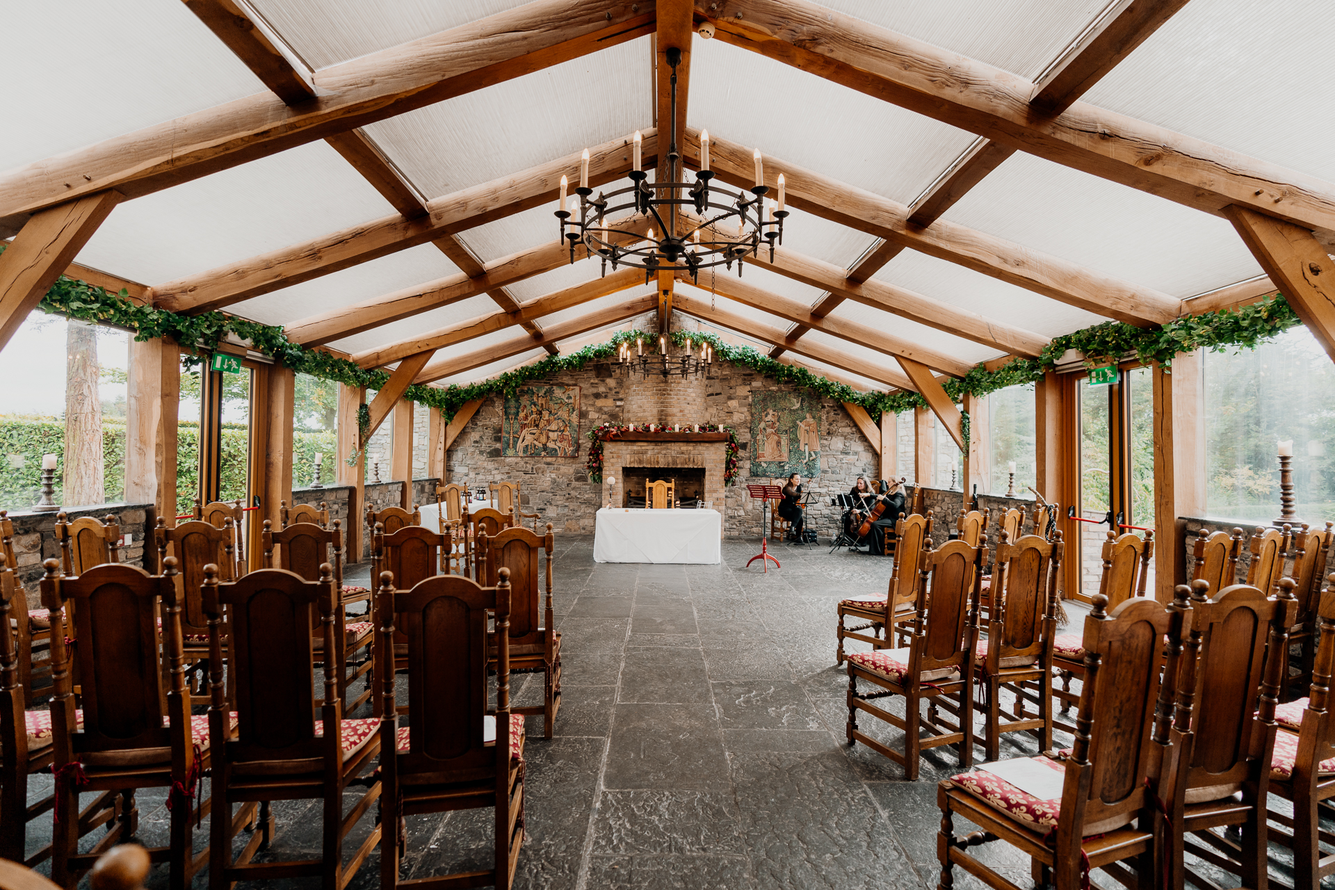 A room with chairs and tables