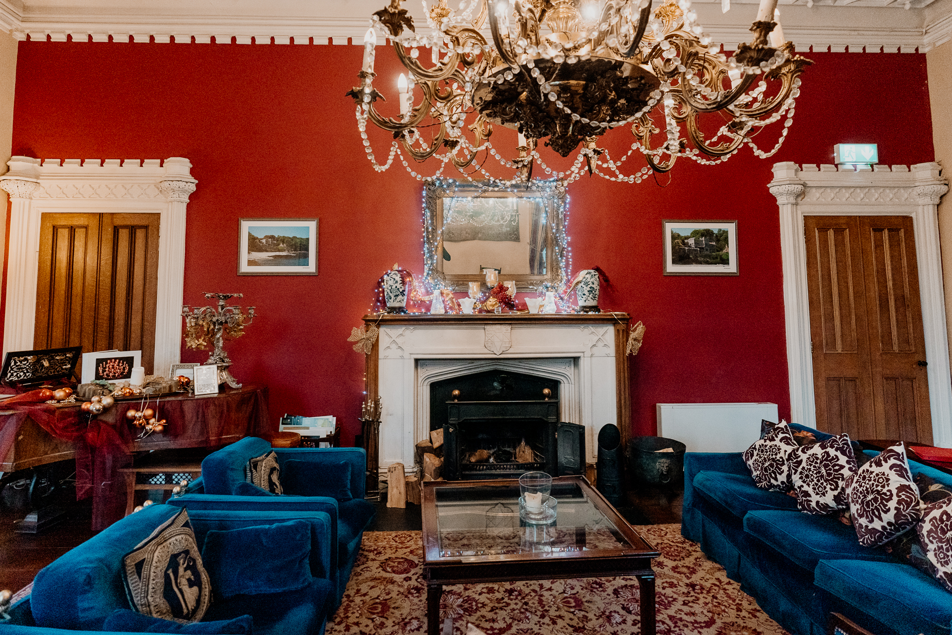 A living room with a fireplace