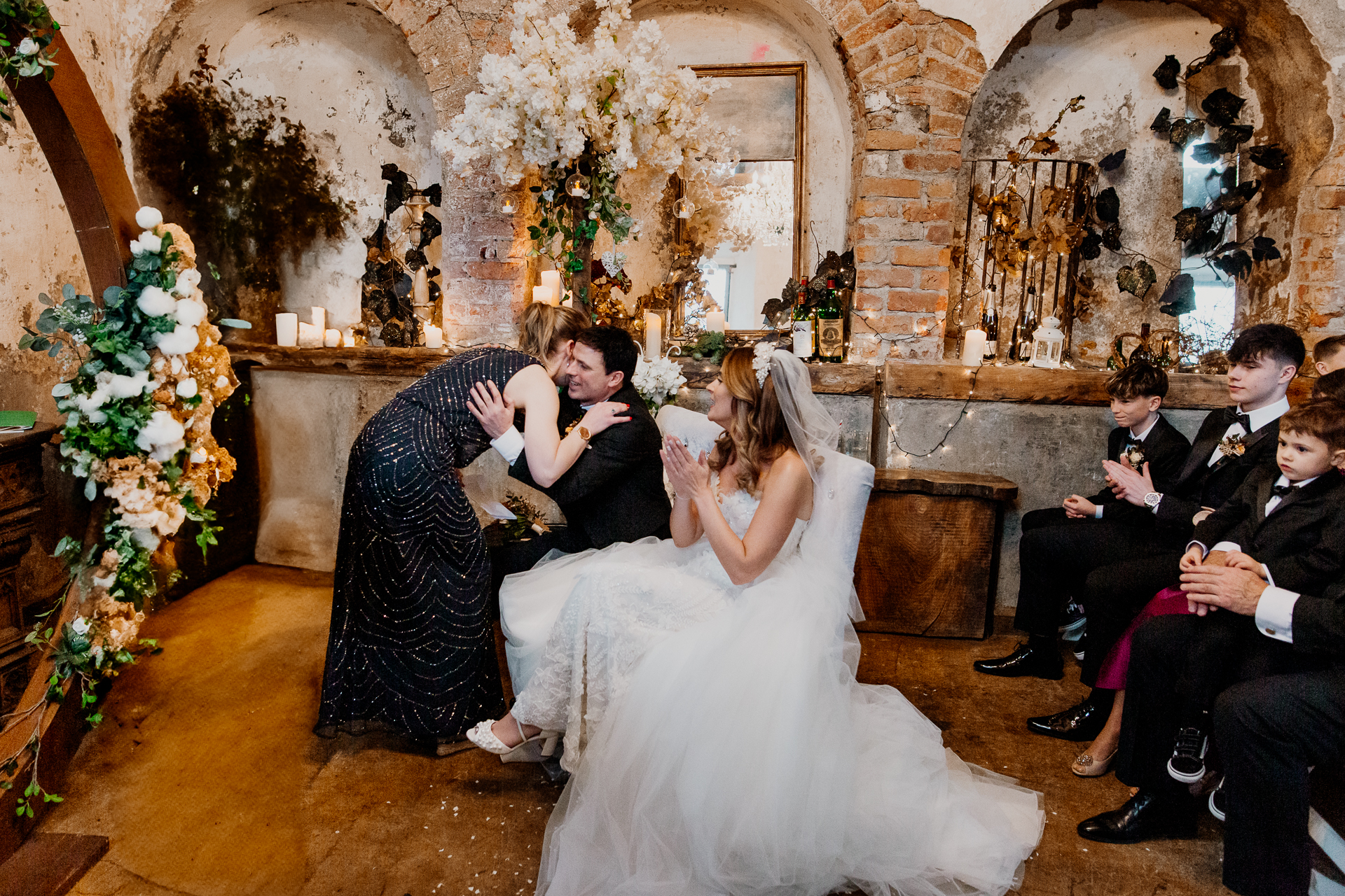 A bride and groom kissing