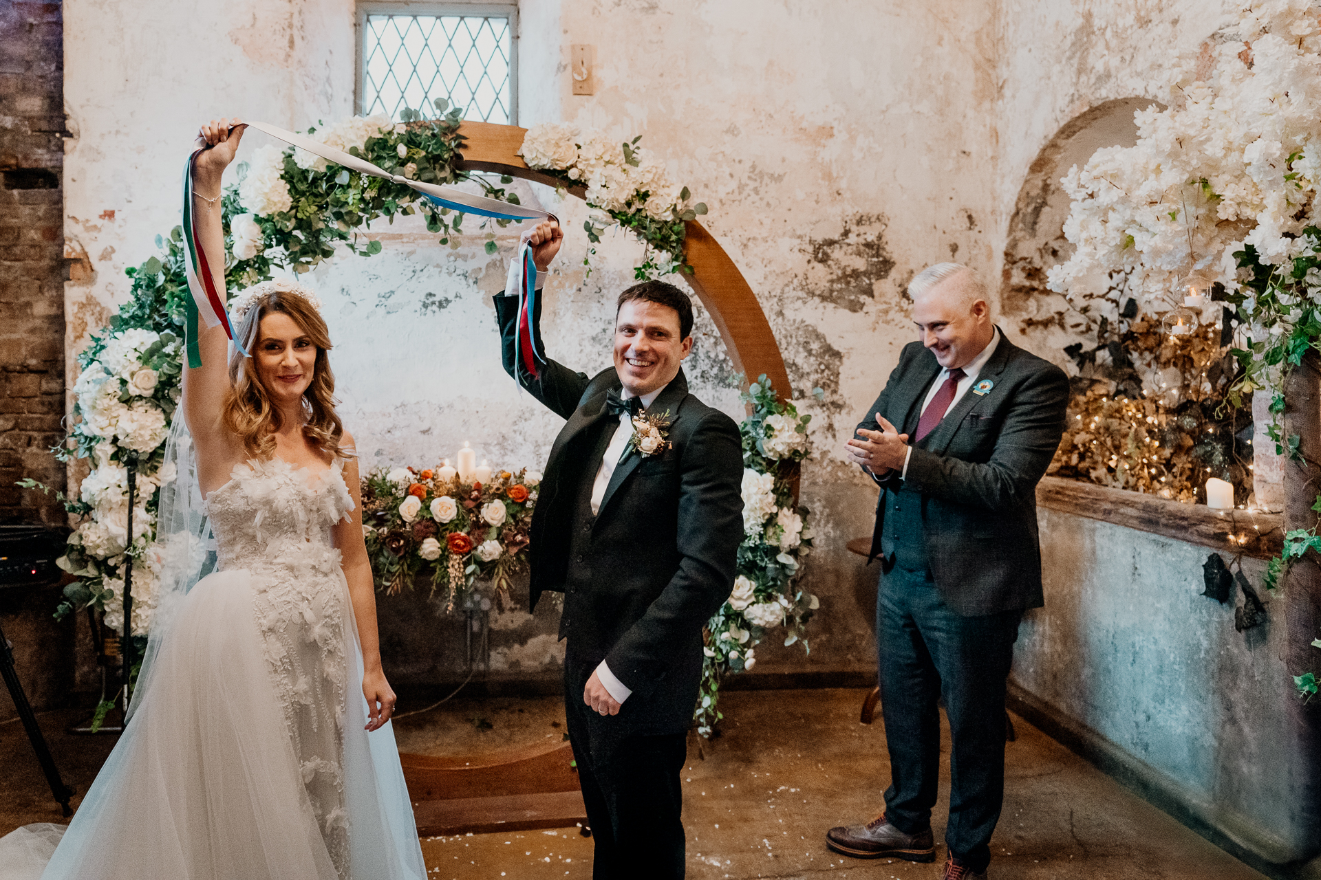 A man and woman in wedding attire