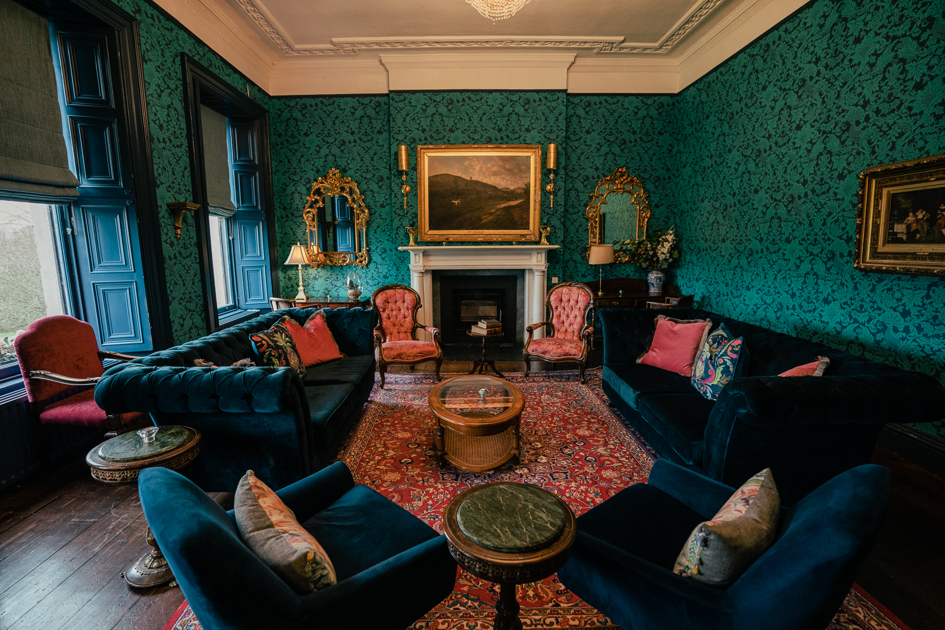 A living room with a fireplace