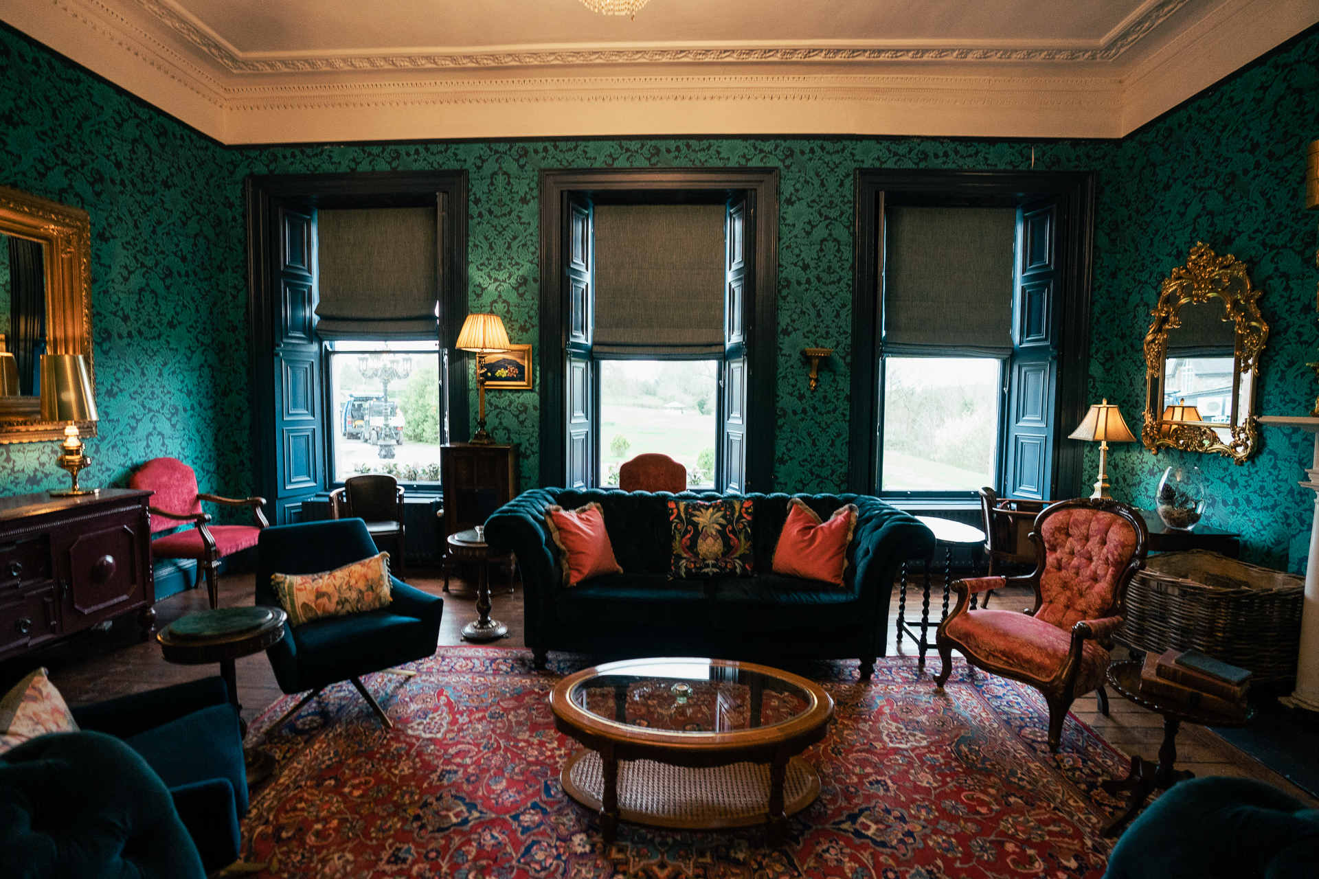 A living room with a large mirror