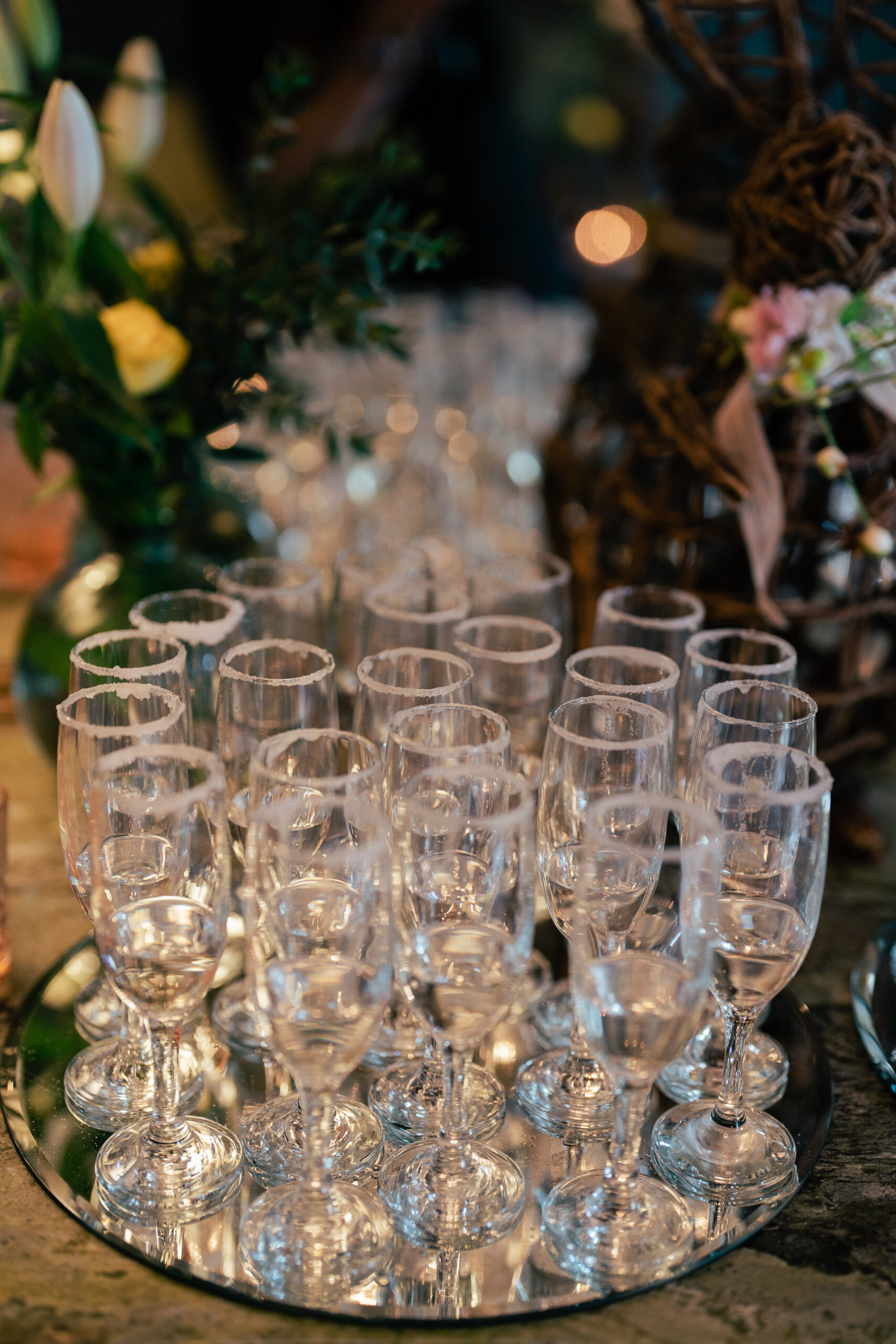 A table full of empty wine glasses