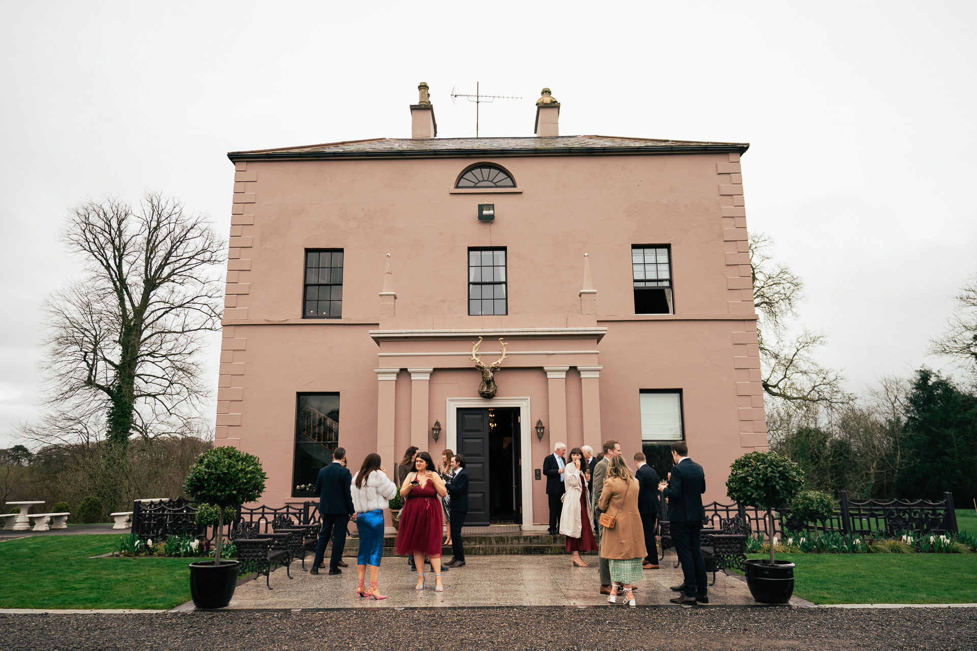 A group of people outside a building