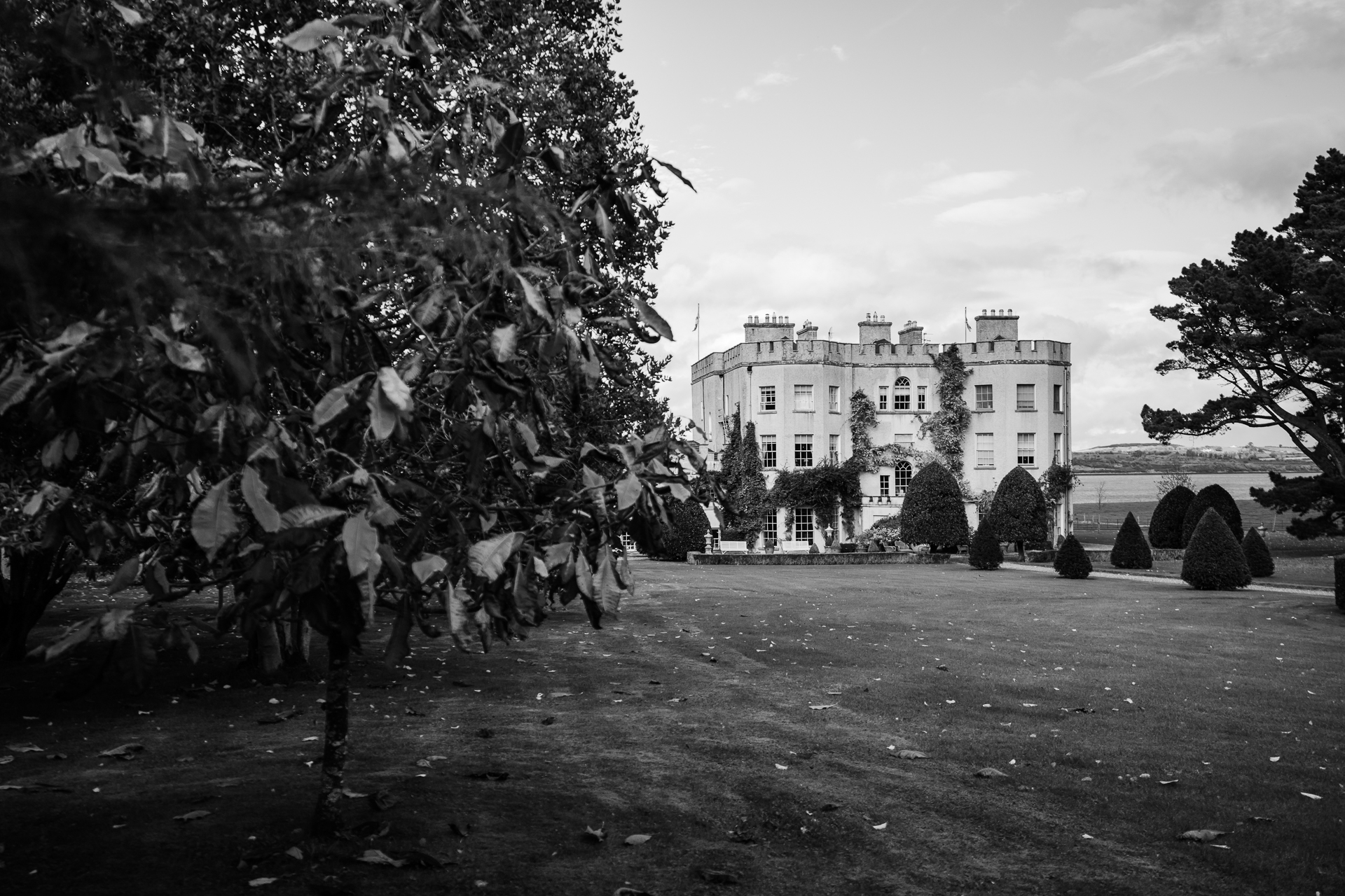 A large building with trees in front of it