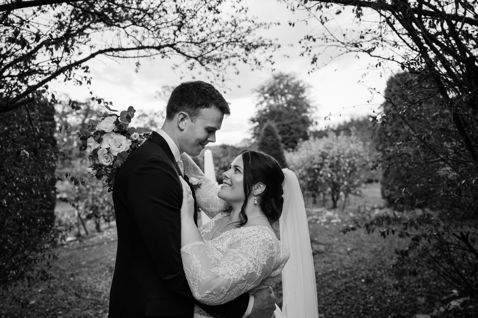 A bride and groom kissing