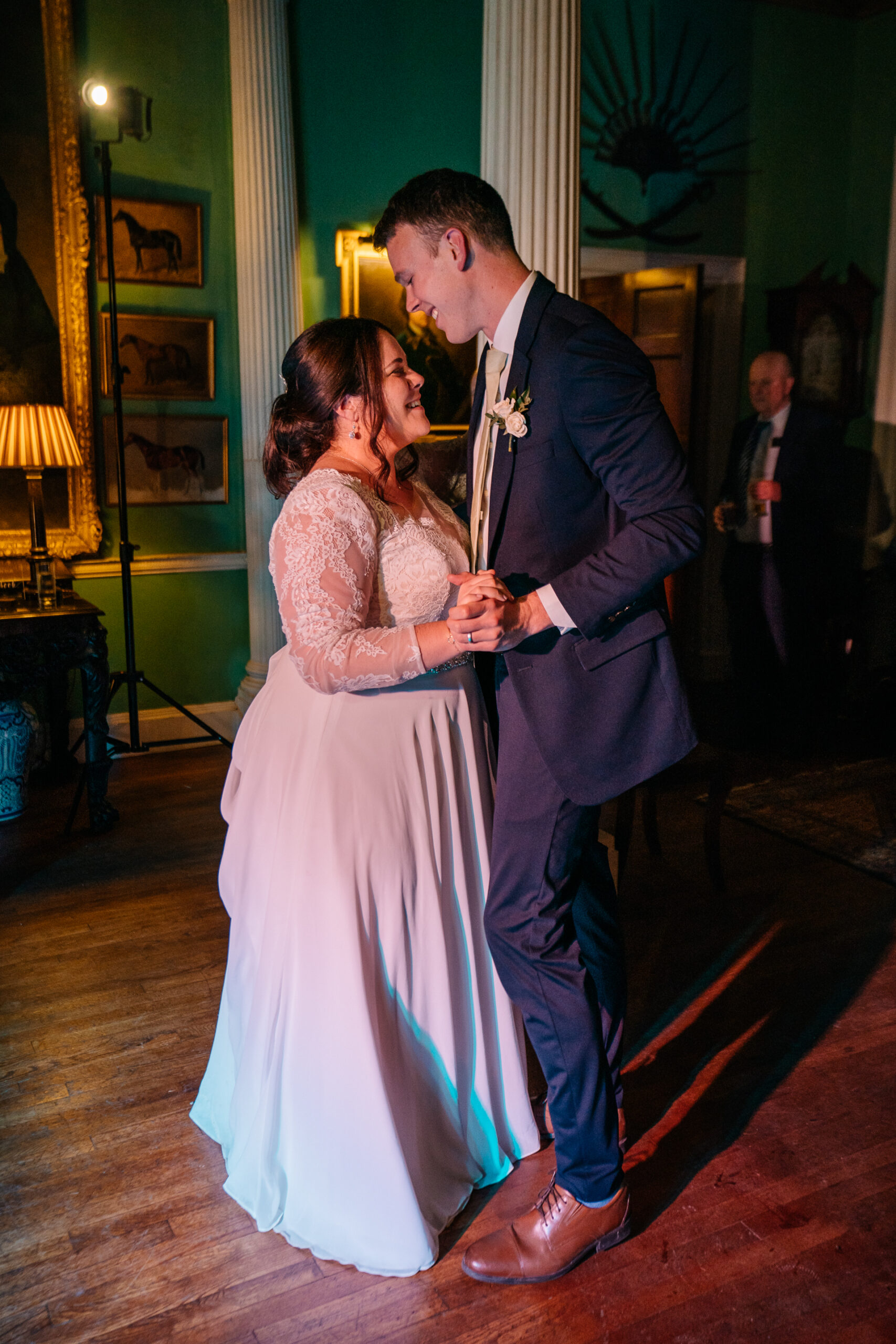 Magical first dance in Glin Castle’s grand ballroom, with warm lighting and an atmosphere of romance and celebration