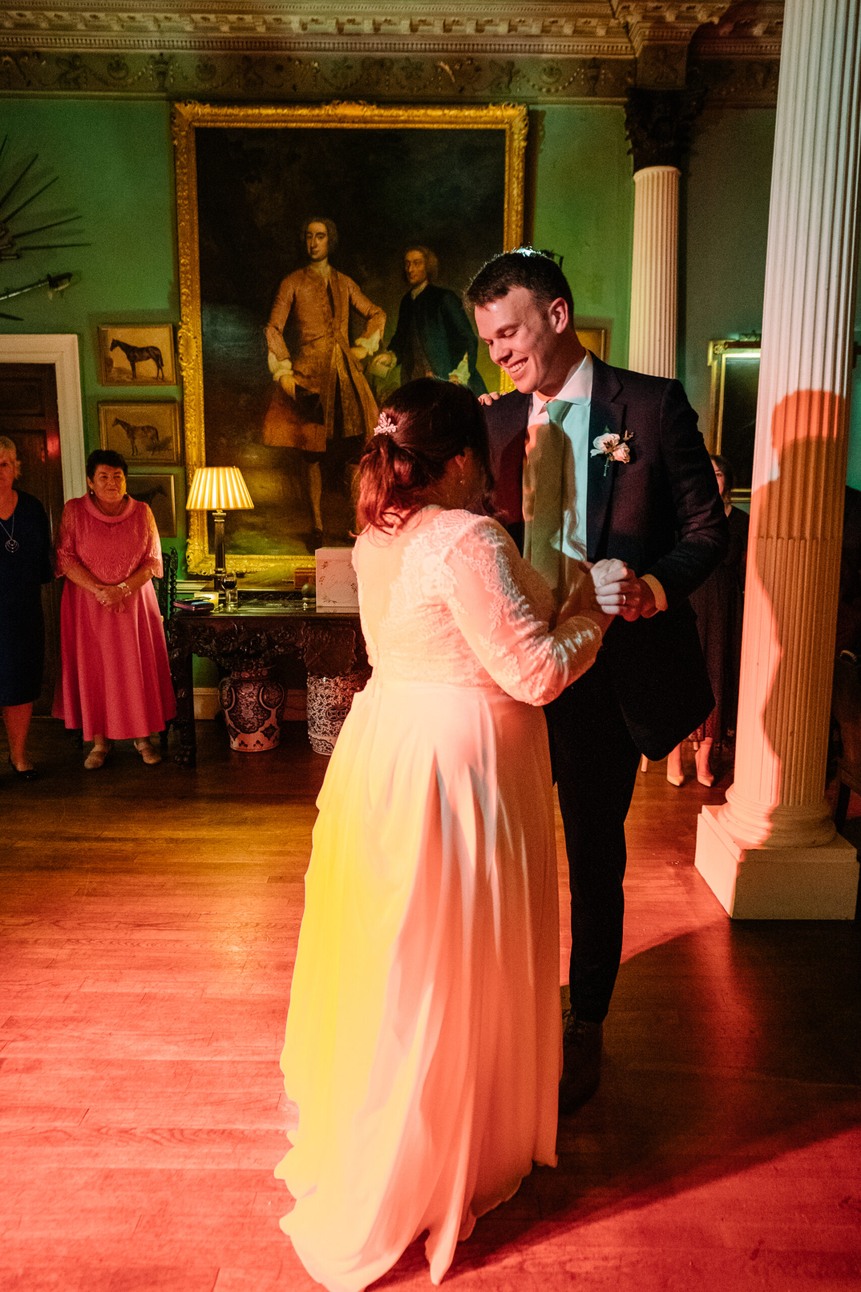 Magical first dance in Glin Castle’s grand ballroom, with warm lighting and an atmosphere of romance and celebration