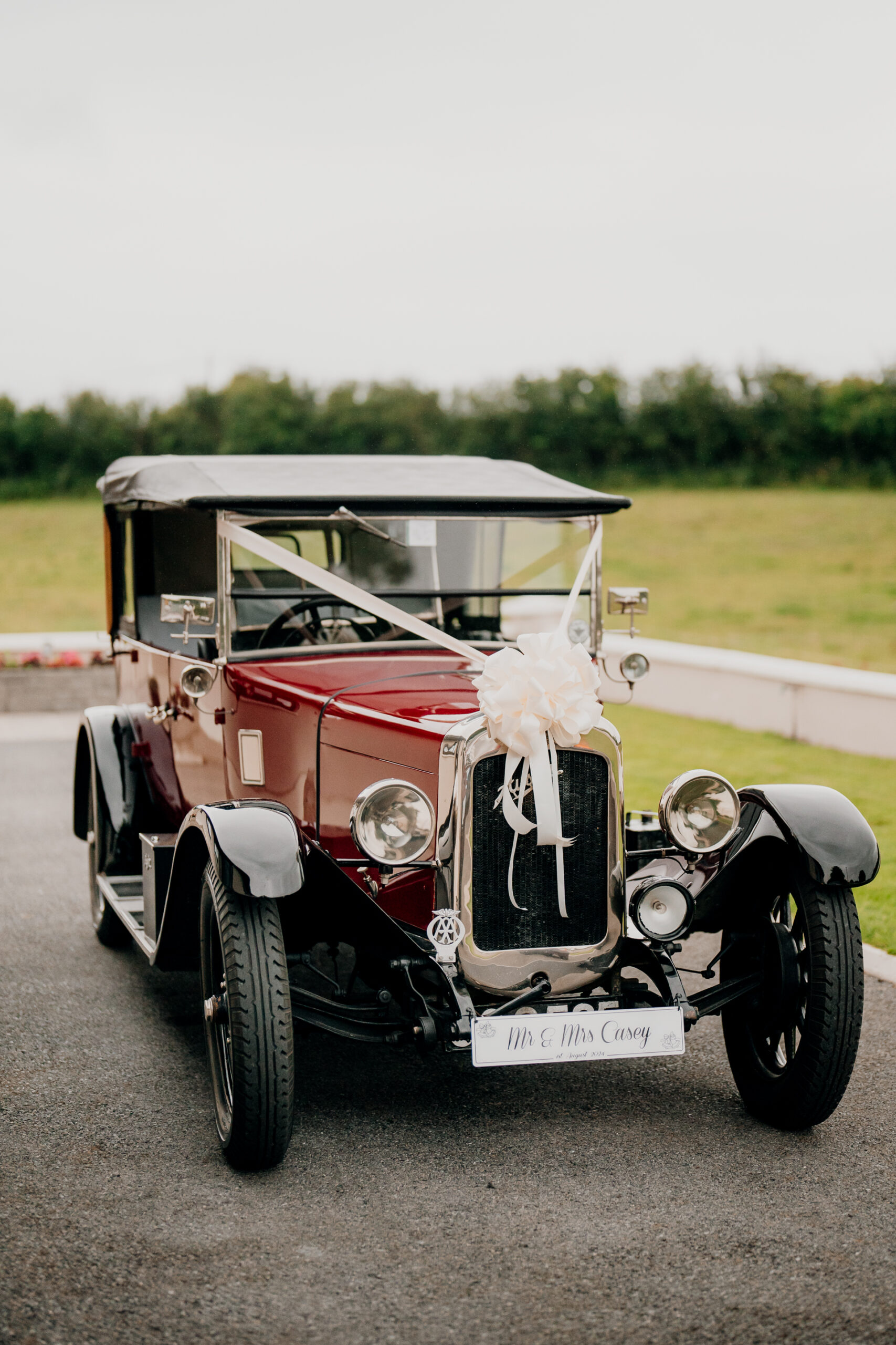 A car with a flower in the front