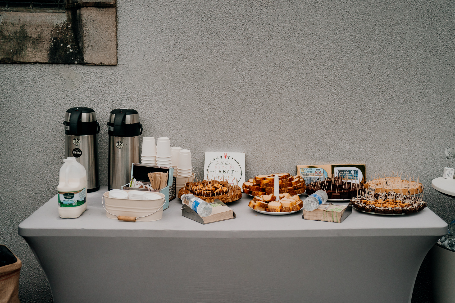 A table with food and drinks on it