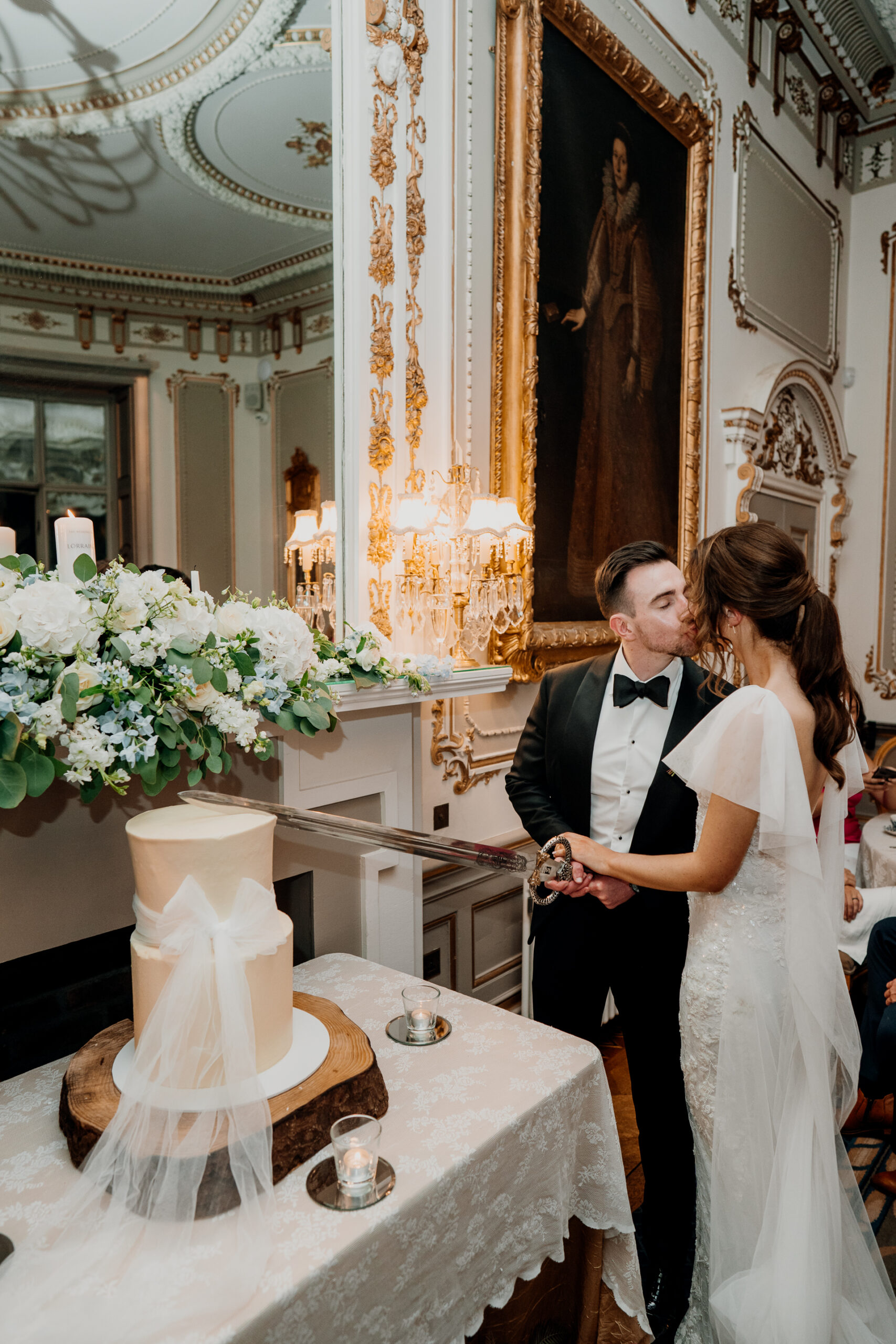 A bride and groom kissing