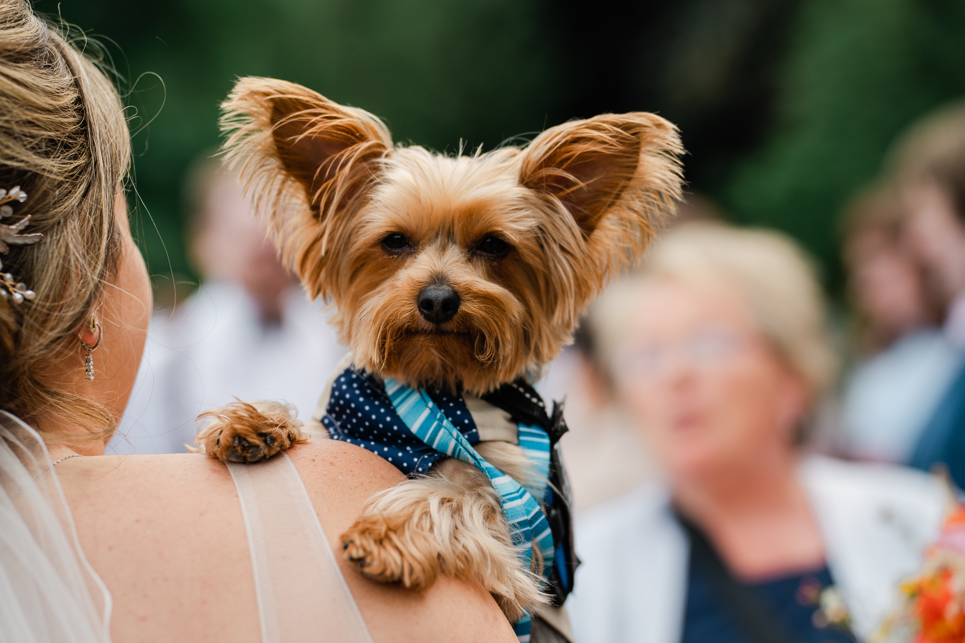 A woman holding a dog