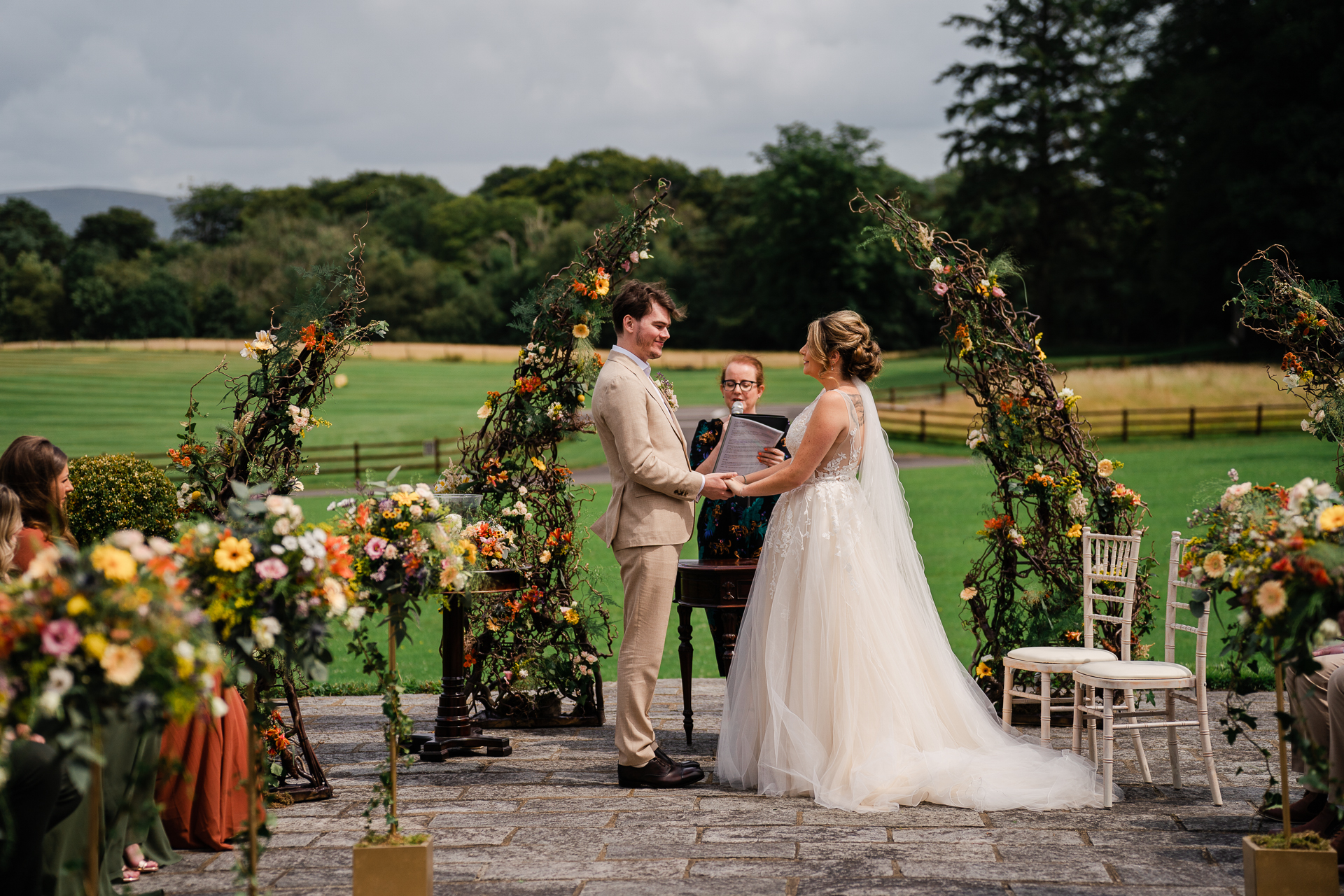 A bride and groom kissing