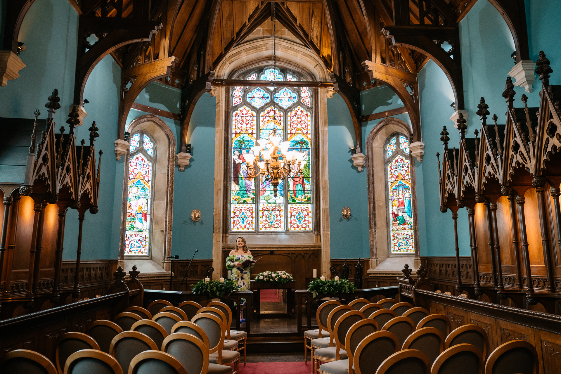 A large church with stained glass windows