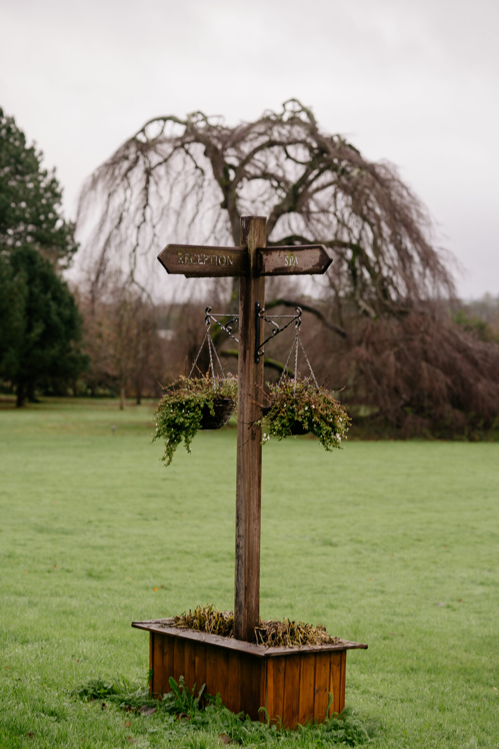 A cross on a wooden stand in a grassy field