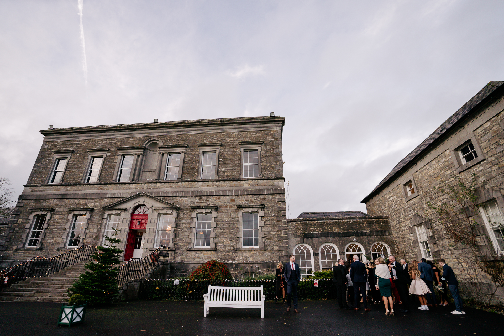 A group of people outside a building