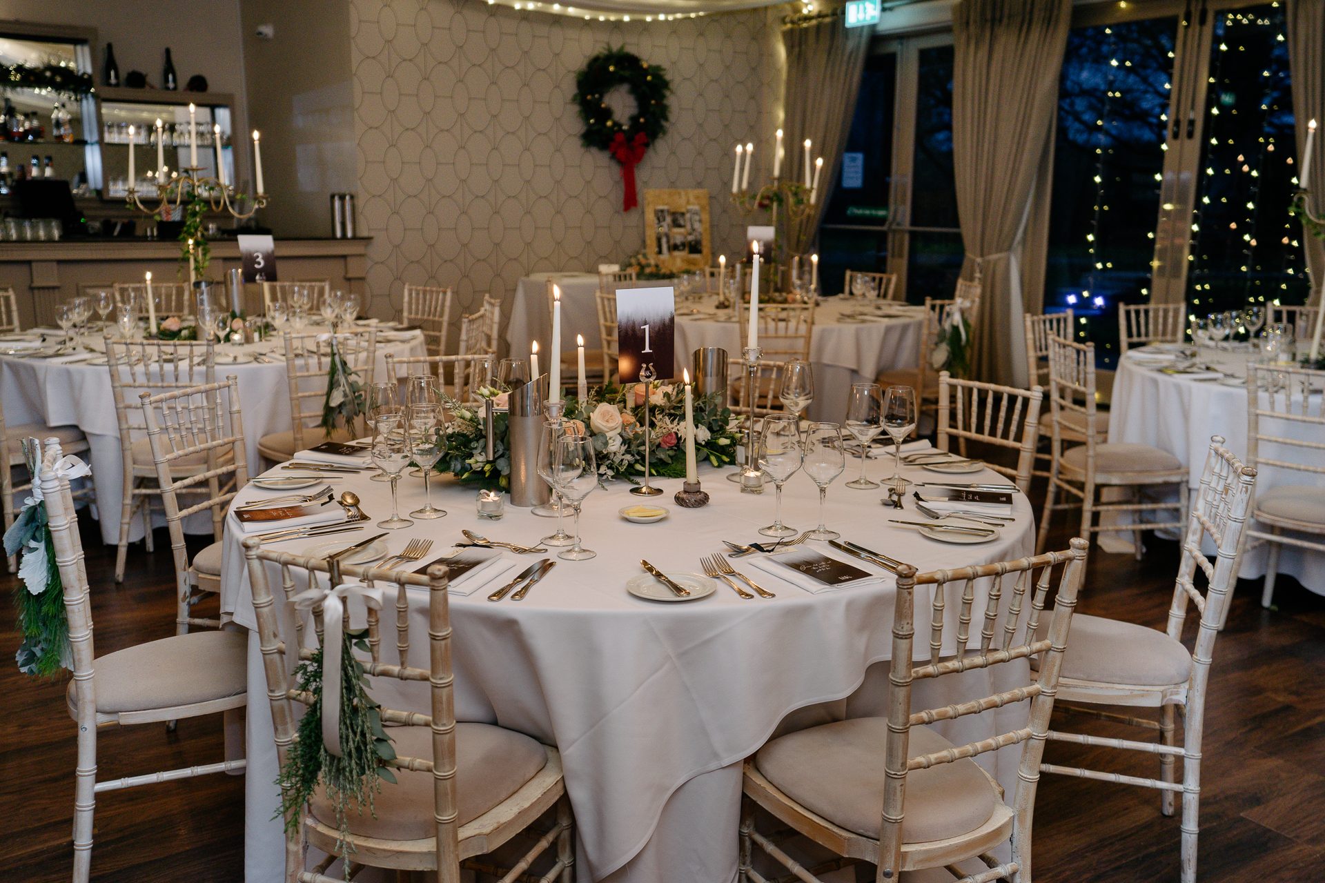 A large dining room with tables set