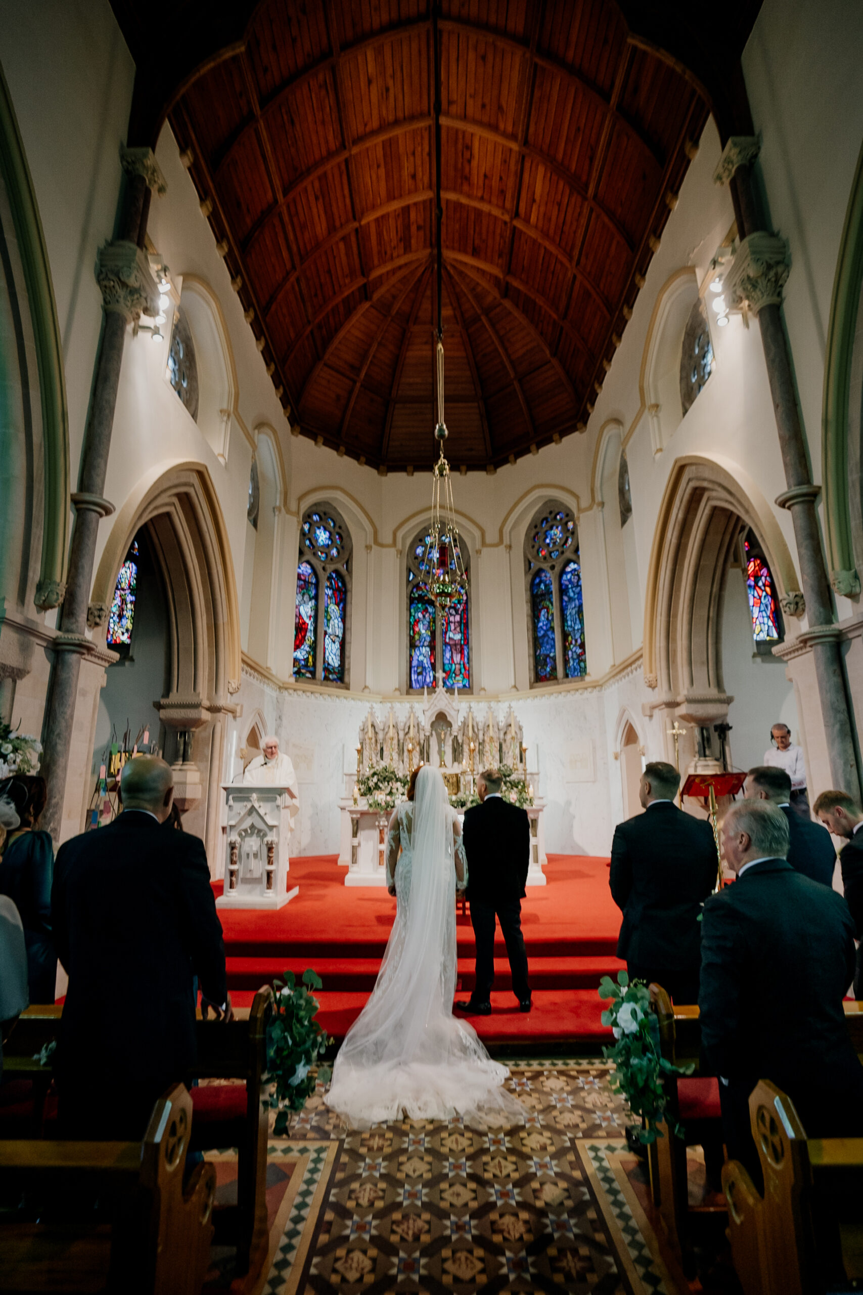 A bride and groom in a church