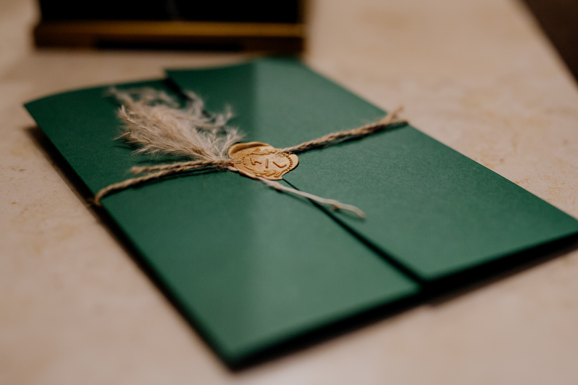 A green book with a white feather on top