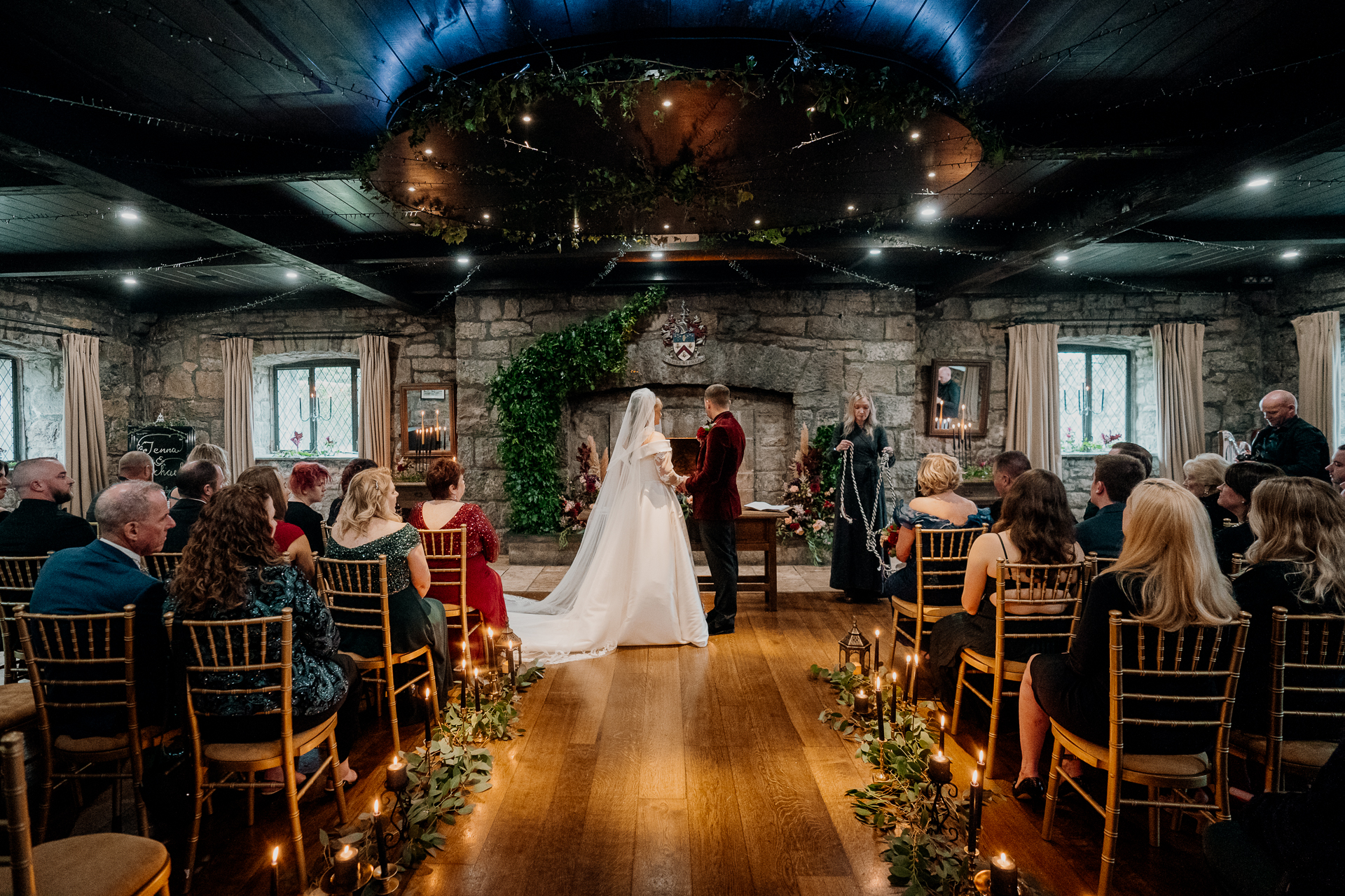 A bride and groom walking down the aisle